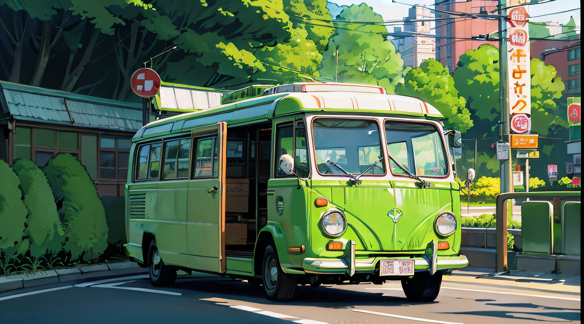 there is a green and white bus driving down the road, amazing wallpaper, kombi, high quality wallpaper, wallpaper mobile, high quality desktop wallpaper, bulli, hd wallpaper, iphone wallpaper, wallpaper 4k, wallpaper 4 k, rob rey and kentaro miura style, bussiere rutkowski andreas rocha, jen bartel