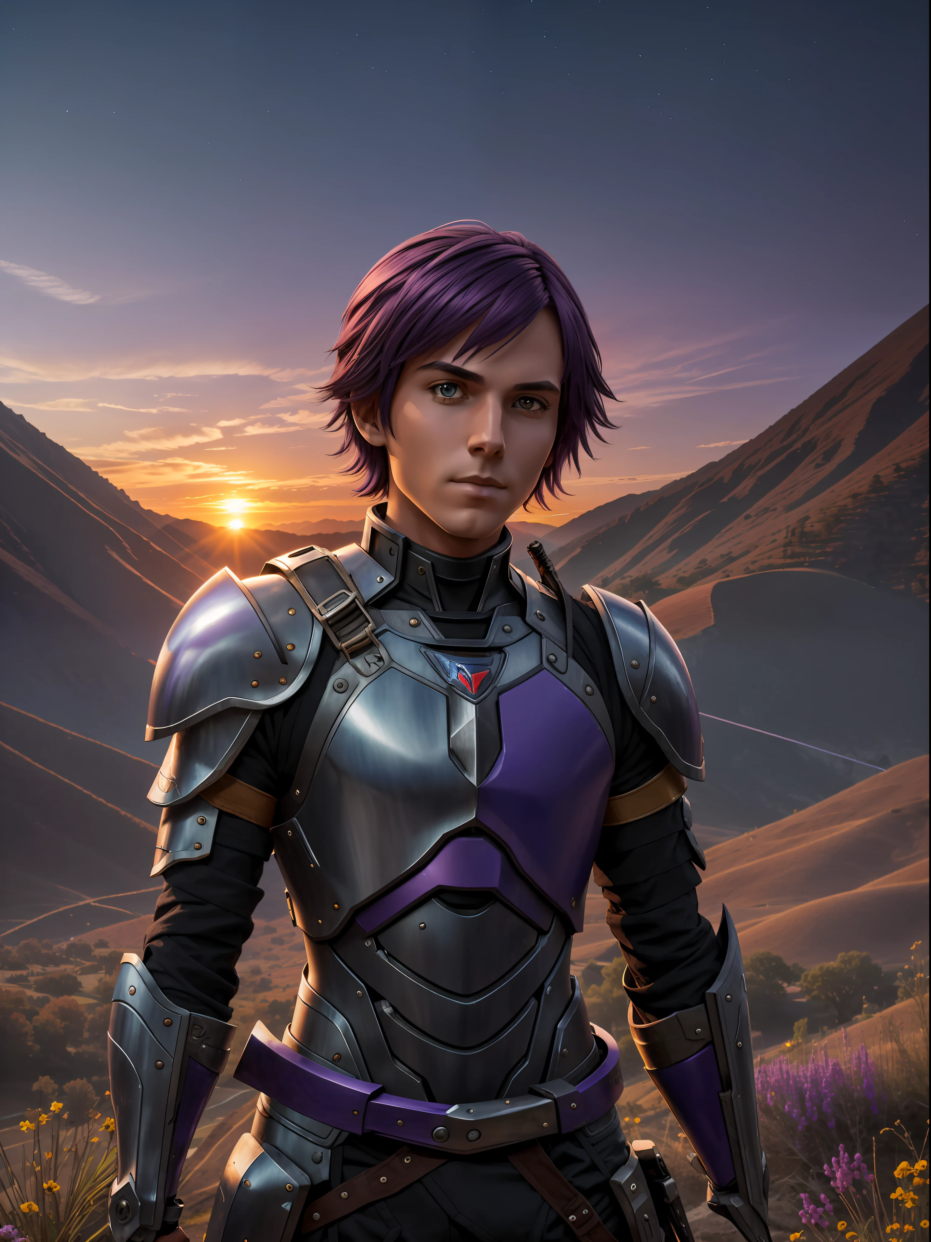 1 man, Holding a sword, Short purple hair, Mechanical armor, In the valley, Sunset