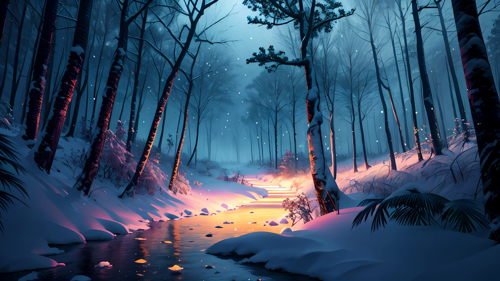 photorealistic, photograph, snowing, night, tropical swamp, highres, bloom, cinematic lighting