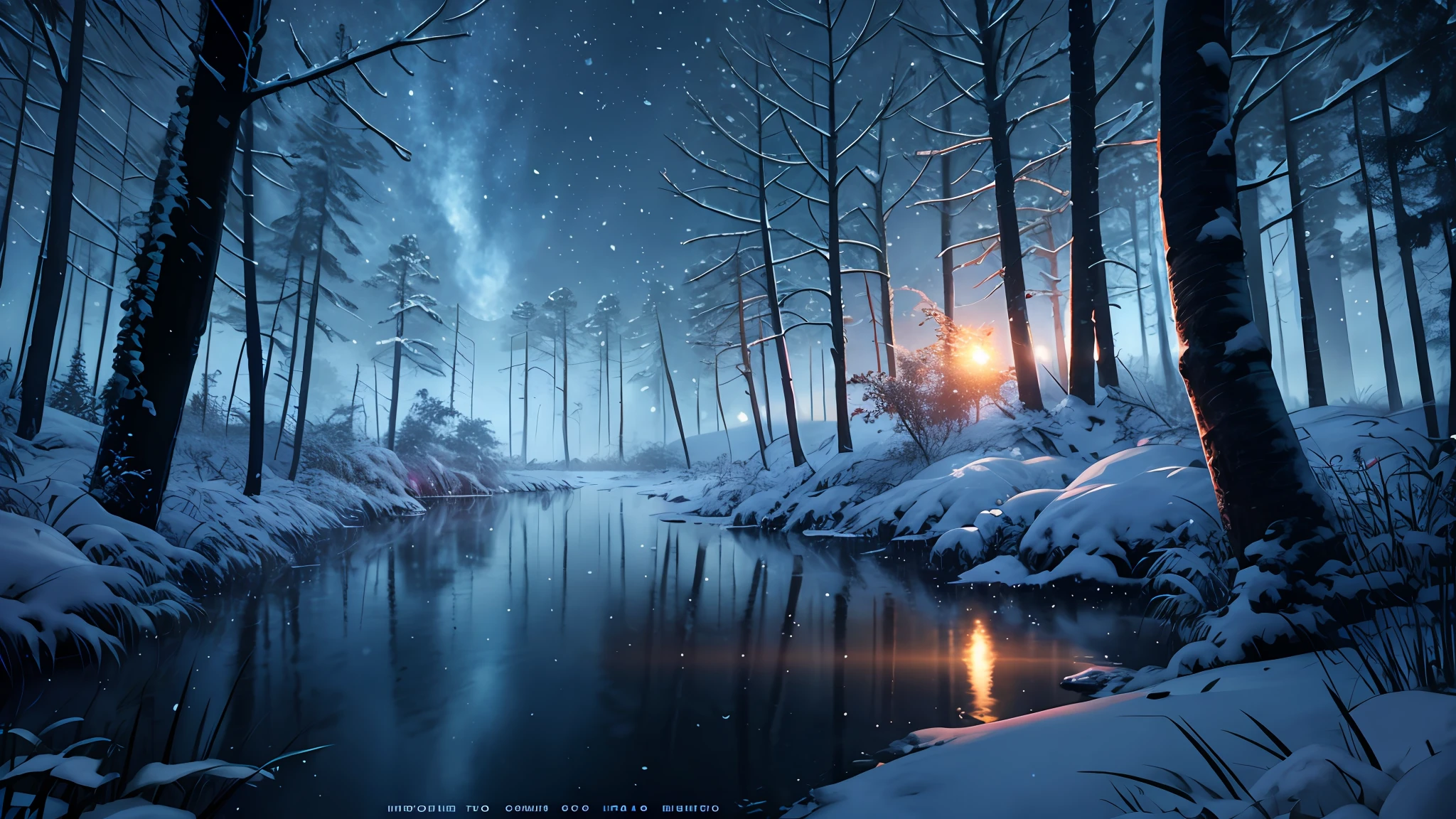 photorealistic, photograph, snowing, night, tropical swamp, highres, bloom, cinematic lighting