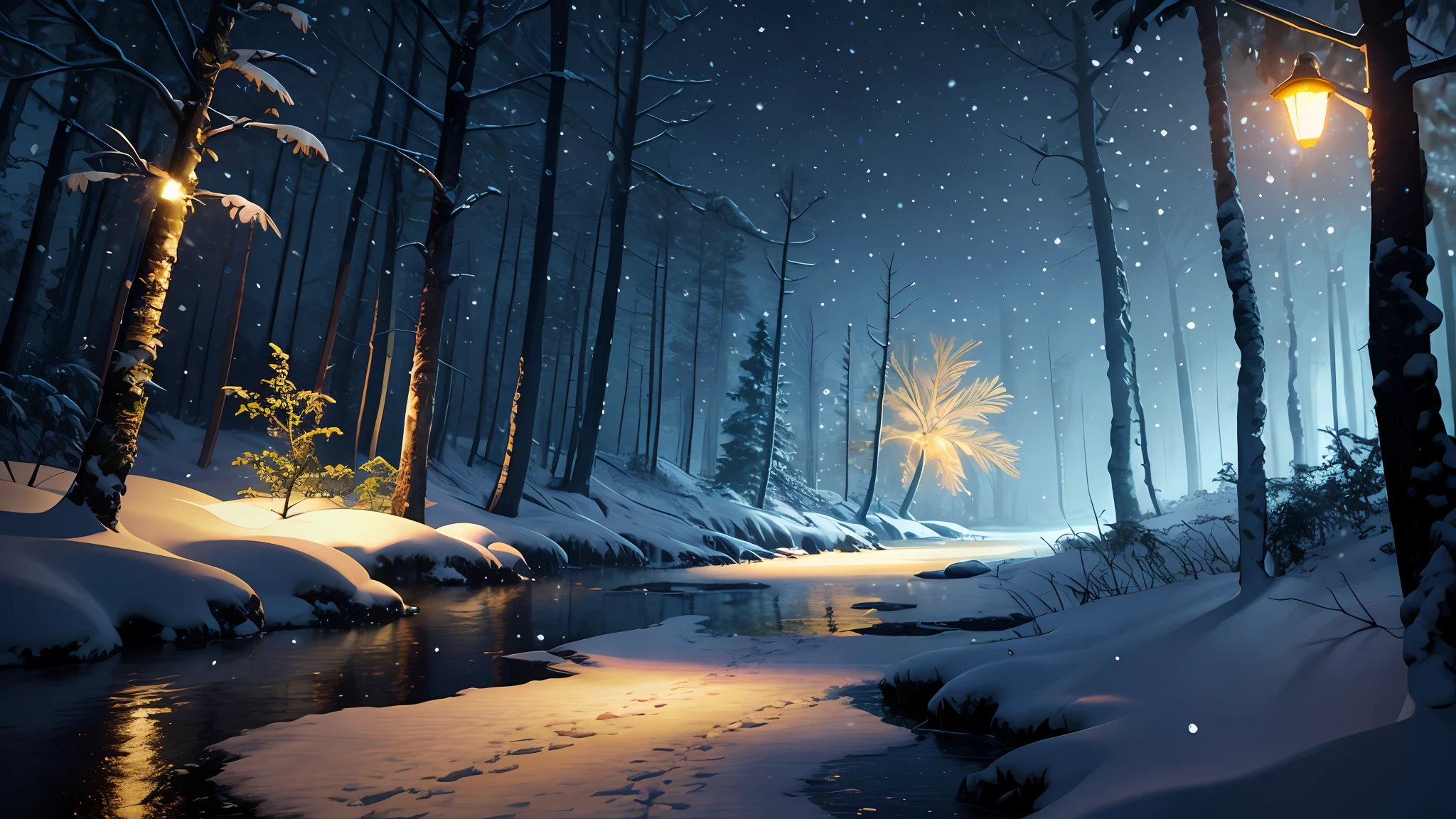 photorealistic, photograph, snowing, night, tropical swamp, highres, bloom, cinematic lighting