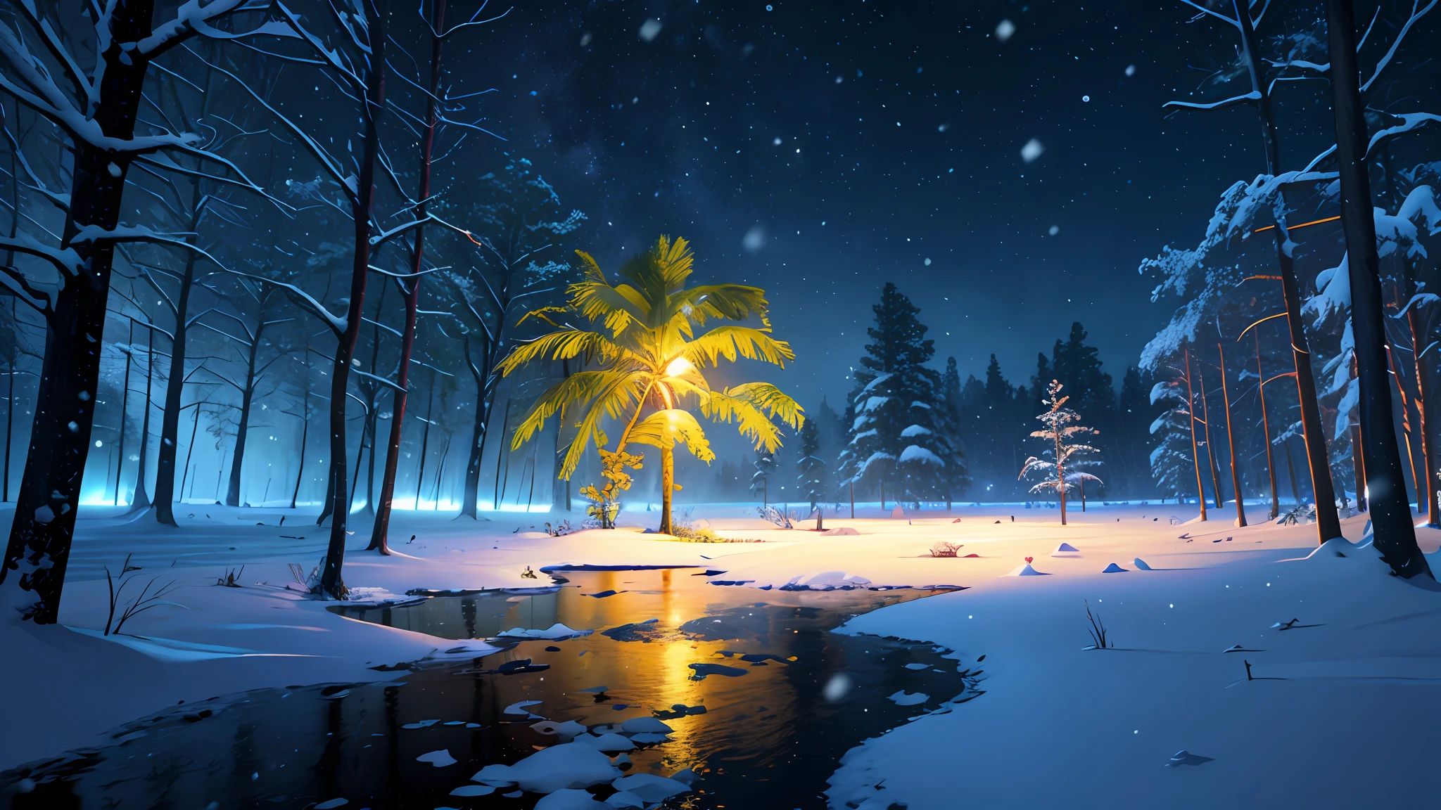 photorealistic, photograph, snowing, night, tropical swamp, highres, bloom, cinematic lighting