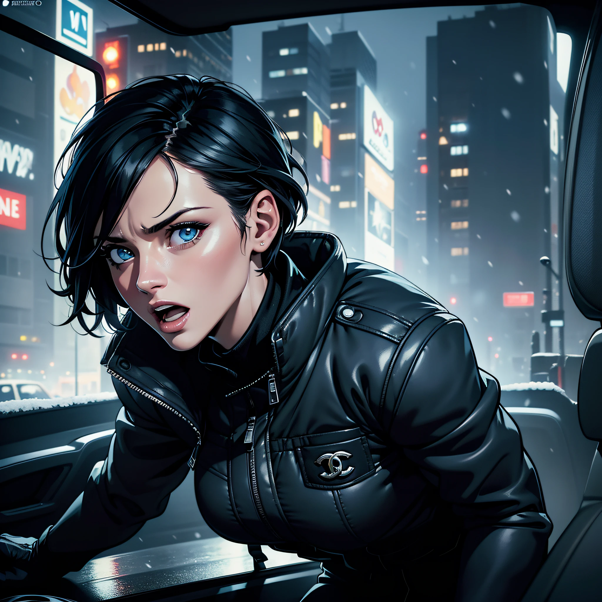(((vector))), (Comics style), realistic, photorealistic, cinematic, cinematic lights, dark colors, volumetric lights, reflections, dramatic, ultra detailed, modern, ((masterpiece)), ((focus on face)), background embassado, faint colors, beautiful, sexy woman, solo, blue eyes, short hair, black hair chanel, hair in the wind, light age marks, slim body fitness, (((inside the car))), detailed, well done, (((open mouth))) winter jacket, jeans, sad, nobody, sad, dark city, snowing, city with snow, few lights, fog, cold, tense, cold gloves, looking at screen, sexy, beautiful, snow on body, puddles of water, blurred background, looking at screen.