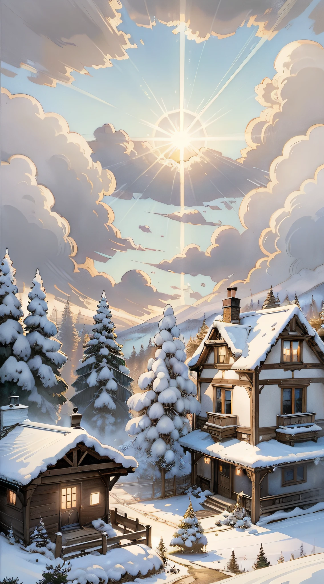 overlook,Miniatures，White background A private house,，Beautiful views all around, Beautiful setting, Sky, sunbeams, anime clouds, 8K high quality detail art, Highly detailed digital art in 4K, Landscape art detailed, Detailed painting 4 K, scenery artwork, 4K detailed digital art, wintertime