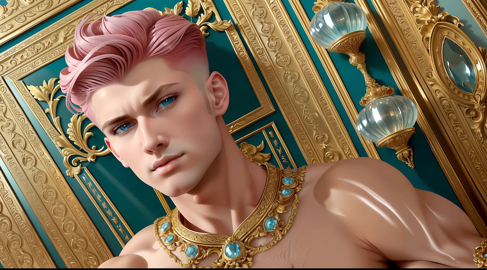 ((Art Deco)) ginger muscular guy, ((quiff haircut hair)), (couture runway fashion), jelly look, ((glossy finish)), imaginative Realism, ornate background, filigree, Renaissance painting, Baroque, Ancient Greek statue face, Neoclassical art, Rococo, ((baroque lighting)), (((glossy!))), gilded embellishments, ((dynamic mid action pose, running!)), highly reflective, sparkling, (soft pastel color palette, peach, light blue, pink, yellow), low contrast, light bloom