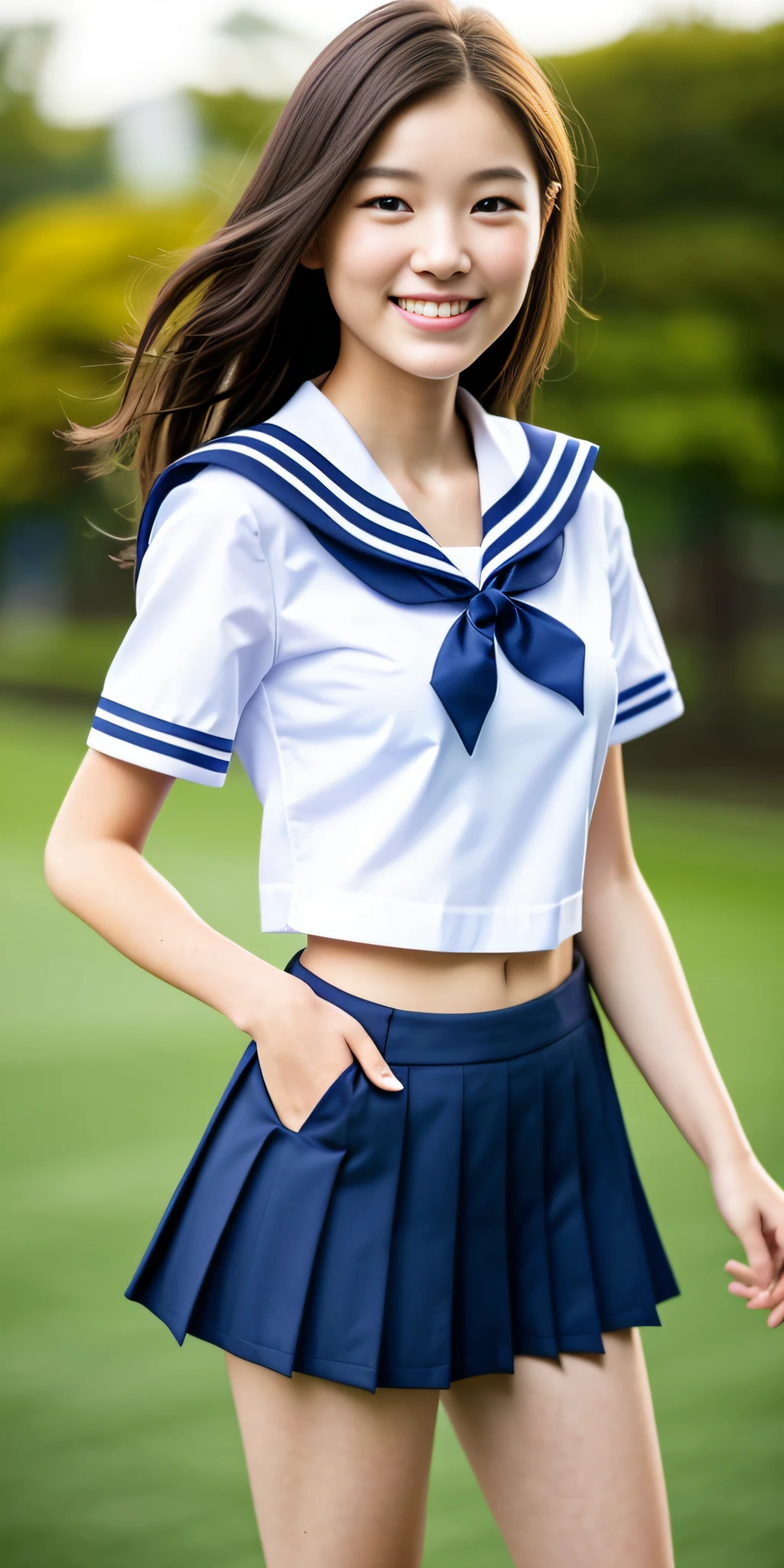 neat college girl, (school uniform, sailor uniform, ribbon tied at chest, summer clothes, upper body white, skirt dark blue, short sleeves), outside the athletic field, (slim), photorealistic, detail, skin texture, ultra detail, delicate and sexy collarbone, smile, super detailed face, detailed lips, detailed eyes, double eyelids, small breasts, small breasts, small, flat breasts, breast emphasis