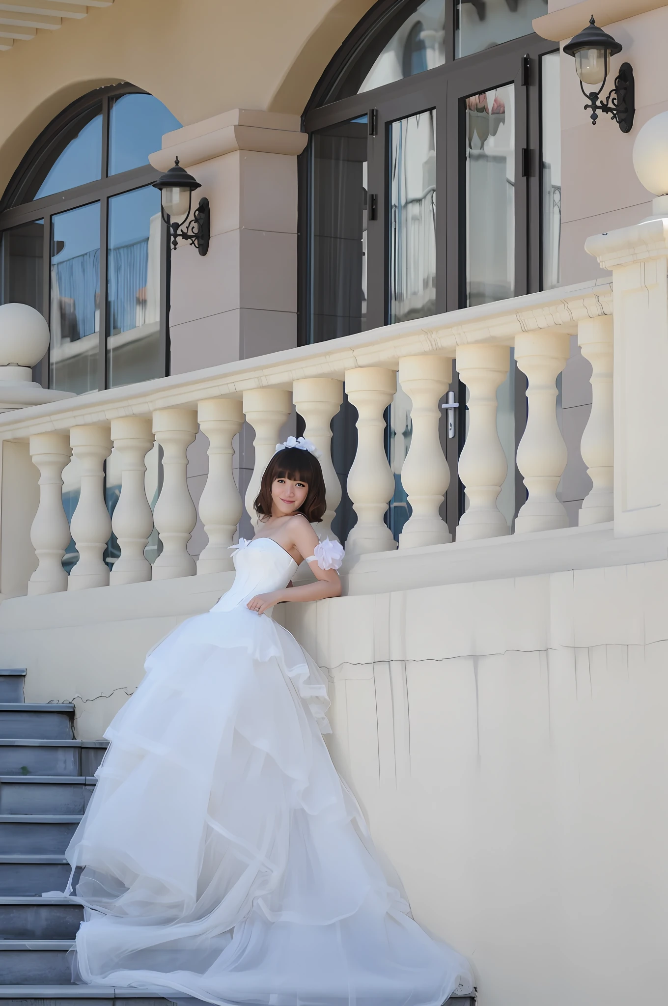 bride in white dress leaning against railing in front of building, taken with canon eos 5 d, taken with a canon eos 5d, taken with a canon eos 5 d, shot on nikon d 3 2 0 0, photo taken with canon 5d, grand!, royal elegant pose, taken with canon 8 0 d, lovely languid princess, wedding dress