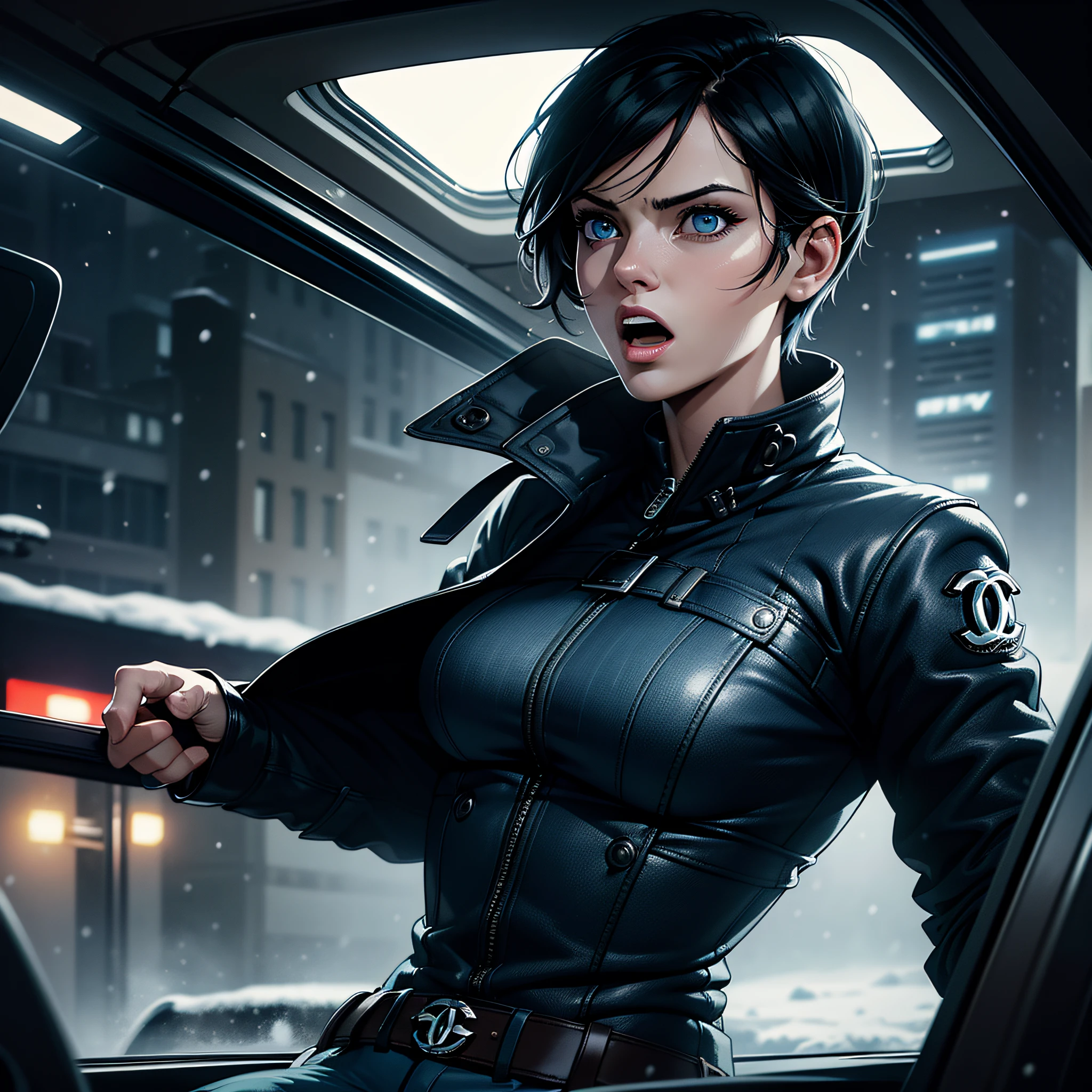 (((vector))), (Comics style), realistic, photorealistic, cinematic, cinematic lights, dark colors, volumetric lights, reflections, dramatic, ultra detailed, modern, ((masterpiece)), ((focus on face)), background embassado, faint colors, beautiful, sexy woman, solo, blue eyes, short hair, black hair chanel, hair in the wind, light age marks, slim body fitness, (((inside the car))), detailed, well done, (((open mouth))) winter jacket,  jeans, sad, nobody, sad, dark city, snowing, city with snow, few lights, fog, cold, tense, cold gloves, looking at screen, sexy, beautiful, snow on body, puddles of water, blurred background, looking at screen.