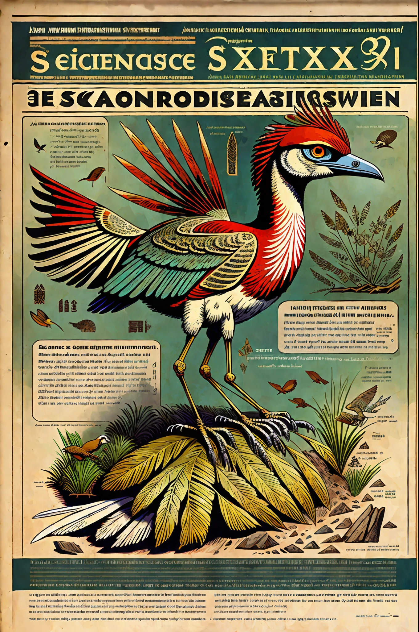 Magazine Cover, text  "Science" on red letters, scientific ilustration of new species of  Archaeopteryx, ancient bird with long tail, skeleton of bird --auto --s2