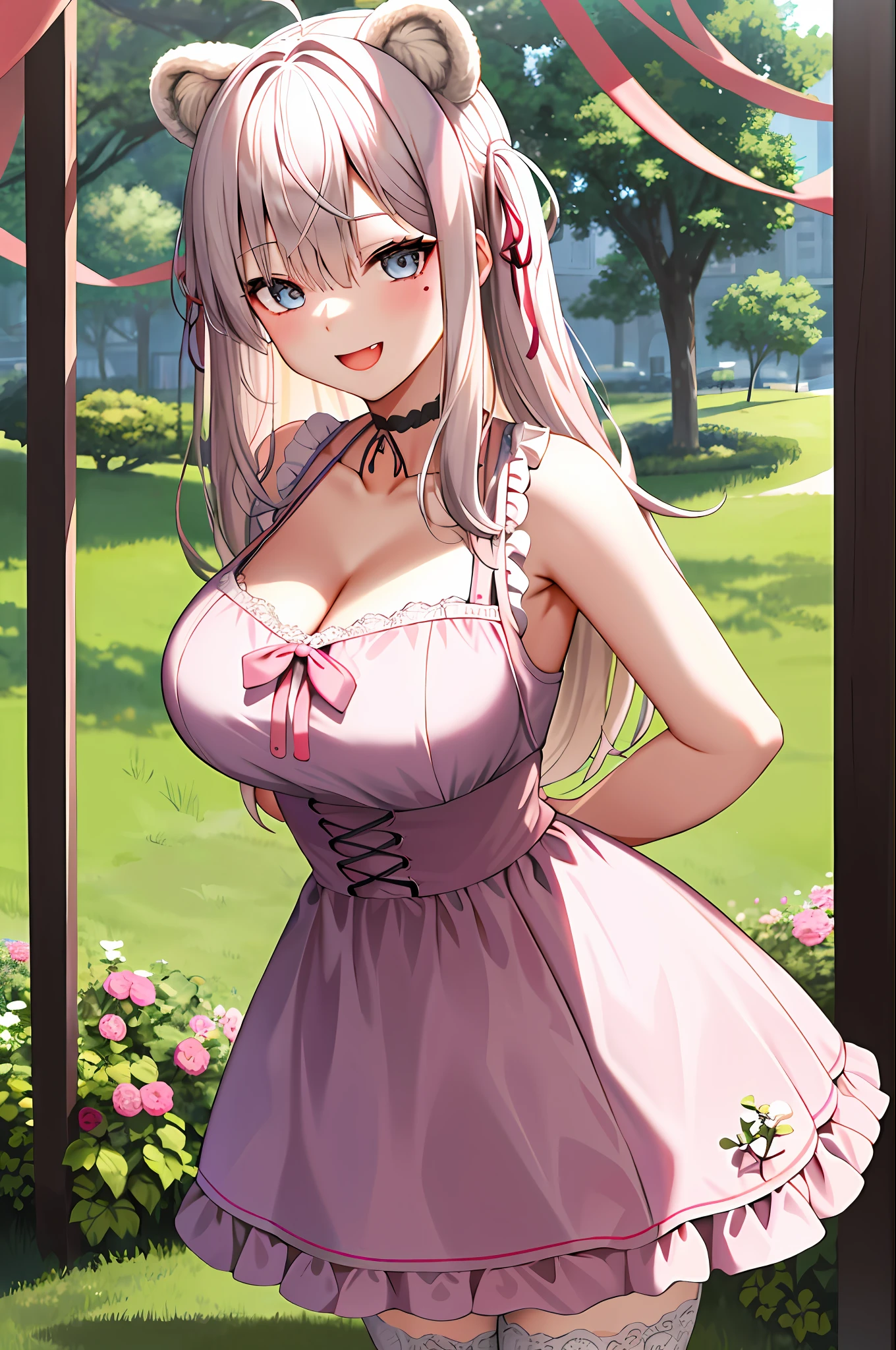 (leaning over:1.4), (masterpiece:1.2, best quality), (real picture, intricate details), 1girl, solo, absurdres, cowboy shot, standing, outdoors, :3, smile, bear girl, bear ears, ((light pink dress)), white thighhighs, platinum blonde hair, gray blue eyes, long hair, red ribbon choker, smile, open mouth, one fang, large breasts, cleavage, sleeveless dress, arms behind back,