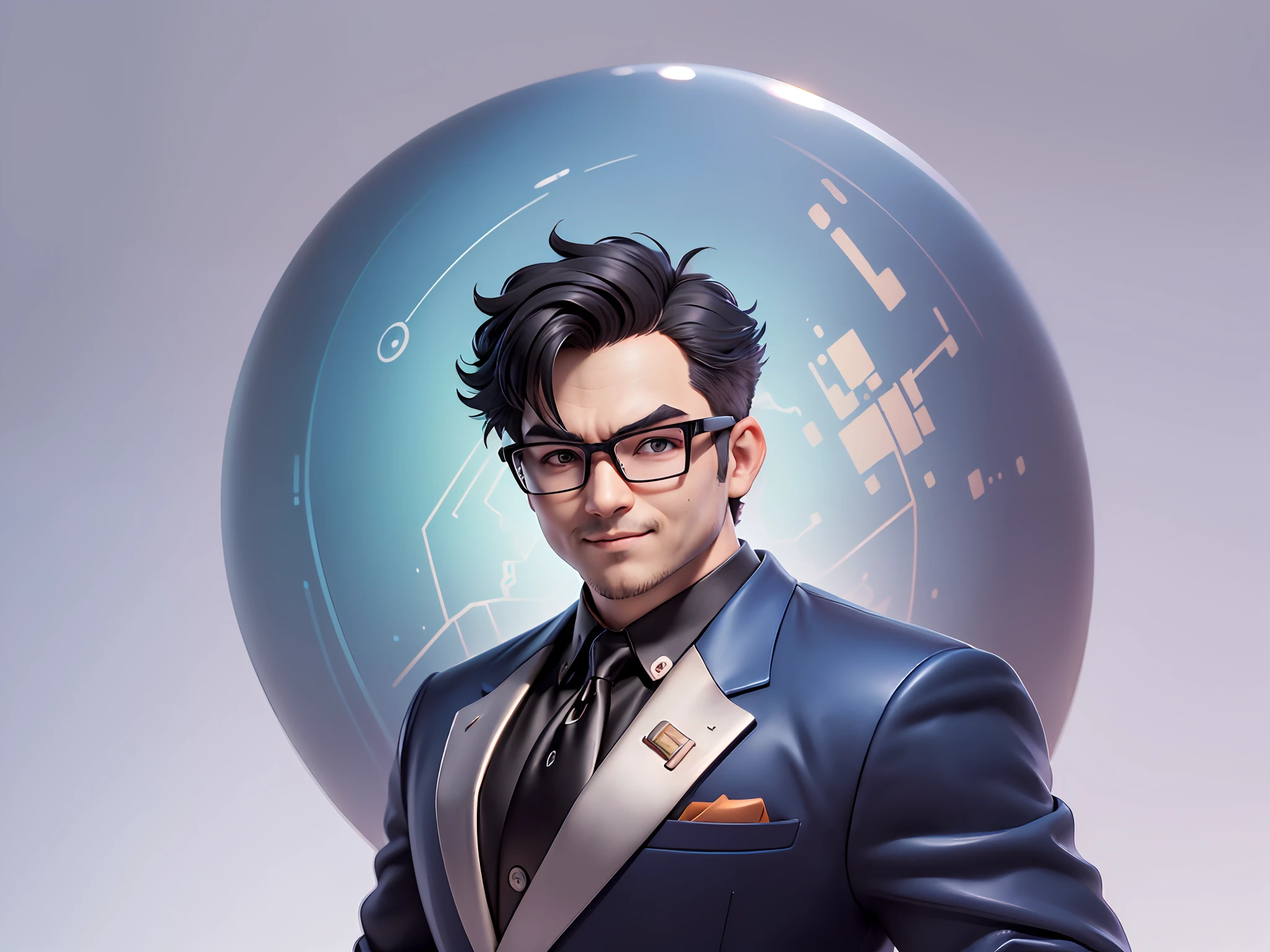 (((Masterpiece), (Excellent), (Super Meticulous), (Full Body: 1.2), Super Young Man, Oriental Face, Japanese Wind and Thunder God, Dragon, Tiger, TV Anchor, Bust Portrait Illustration, Alone, Black Formal Suit, Blue Tie, Slightly Chubby Face, Silver Glasses Face Very Clean No Beard, Black Super Short Hair, Black Eyes, Confident Smile, 3c Computer Sub-Products, iPad, iPhone, Digital Painting, 3D Character Design by Akira Toriyama and Mark Claireden and Pixar and Hayao Miyazaki, The illustration is a high-definition illustration in 4K resolution with very detailed facial features and cartoon-style visuals.