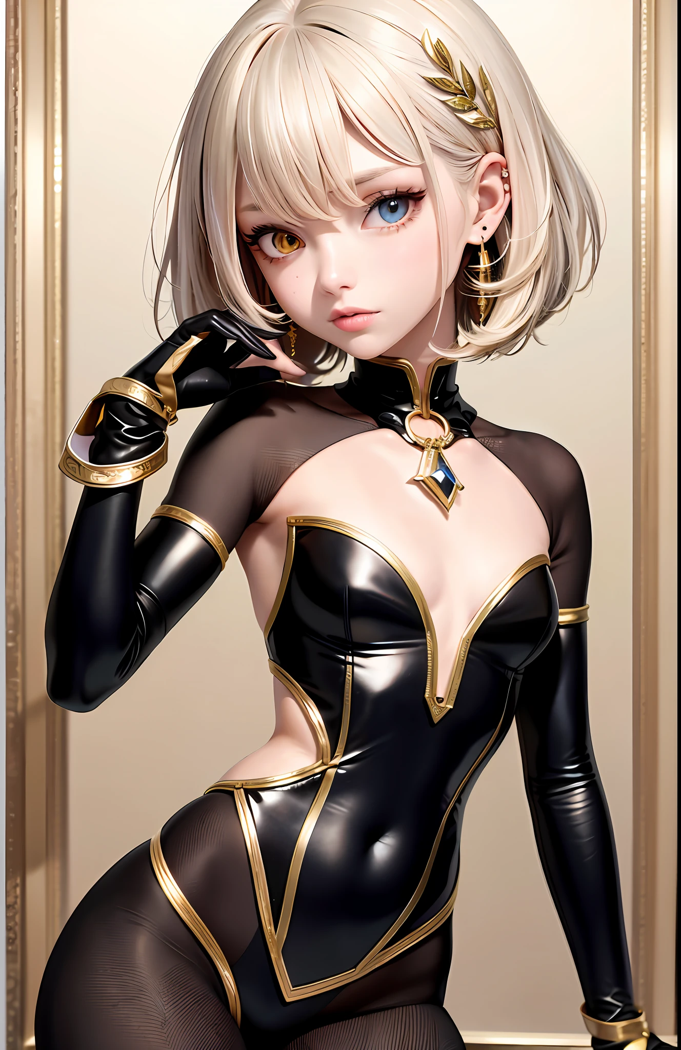 Best, Masterpiece, High Resolution, Best Quality, Ultra HD, Super Detail, Award-Limited, 16k, Solo, (Upper Body), Anatomically Correct, Beautiful Maiden, Cute Face, Highlights, Gradient Beige Hair, Hair Strands, ((Heterochromia)), Long Eyelashes, Hanging Eye Corners, Fair Skin, (Small), (Slim Body), ((French_Made_costume)), Stud Earrings, (Neck Ring), Very, Very Short Gloves
