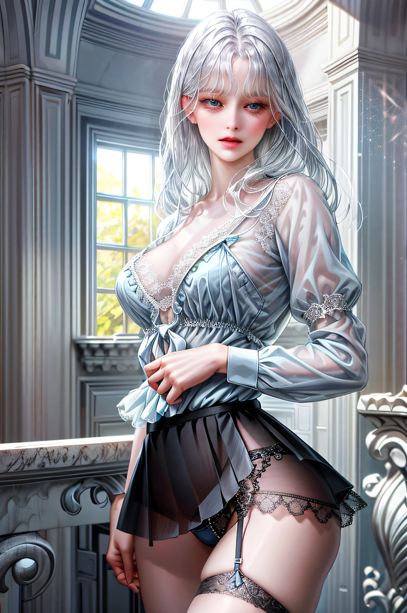 One creates a girl with blue eyes, beautiful, thin, flat, and may be wearing a businesswoman's uniform (bangs, straight silver hair), women, ((light blue, sheer blouse front opening, light blue sheer slit miniskirt)), ((black lace underwear), biting in)), sexy pose, lower body slender, behind the woman, There are windows showing various buildings in the city (absurdity, high resolution, super detail), Carrier Woman