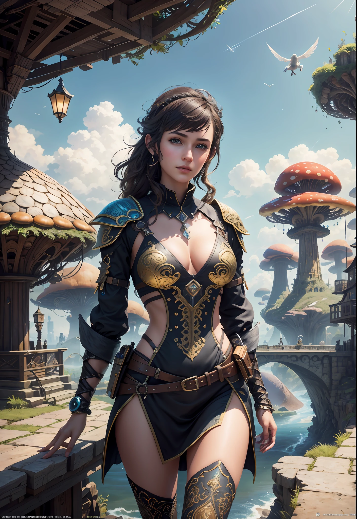 (((Multiplayer, Man and Woman))), Best Quality, Realistic, Realistic, Award-Winning Illustrations, (Intricate Details: 1.2), (Fine Details), (Intricate Details), (Cinematic Light, Best Quality Backlight), Clear Lines, Sharp Focus, Official Art, Unity 8k Wallpaper, Ridiculous, Incredibly Ridiculous, Fantasy Art, RTX, ((Award-winning Triangle Studio Close-up Photo)), 1 Boy, (Shut Up), Best Quality, 4K, beautiful mysterious creatures, female, flying, surrealism, masterpiece of NCWINTERS, in mysterious country town, masterpiece, intricate details, ff14style, urban painting, bridge, river, giant mushroom, landscape, bright colors,