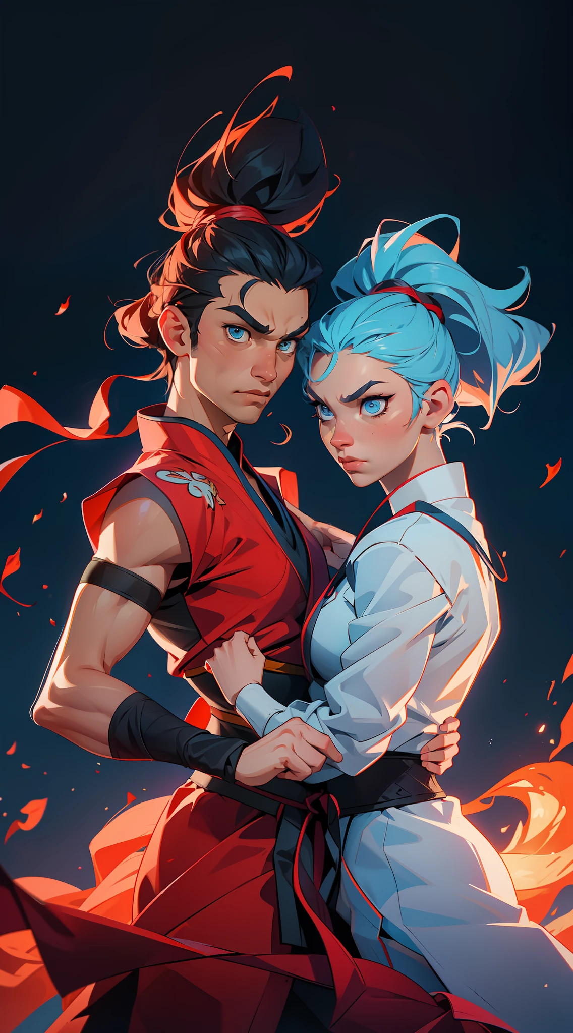 "Intense martial arts action awaits with our (1.2)marital arts fighter, perfectly accentuated by their (1.2)vibrant hair. Catch the fire in (bright blue)eyes as they take on any challenge with (dynamic)pose and fast-paced movements, all searing under the heat of (intense)lighting."