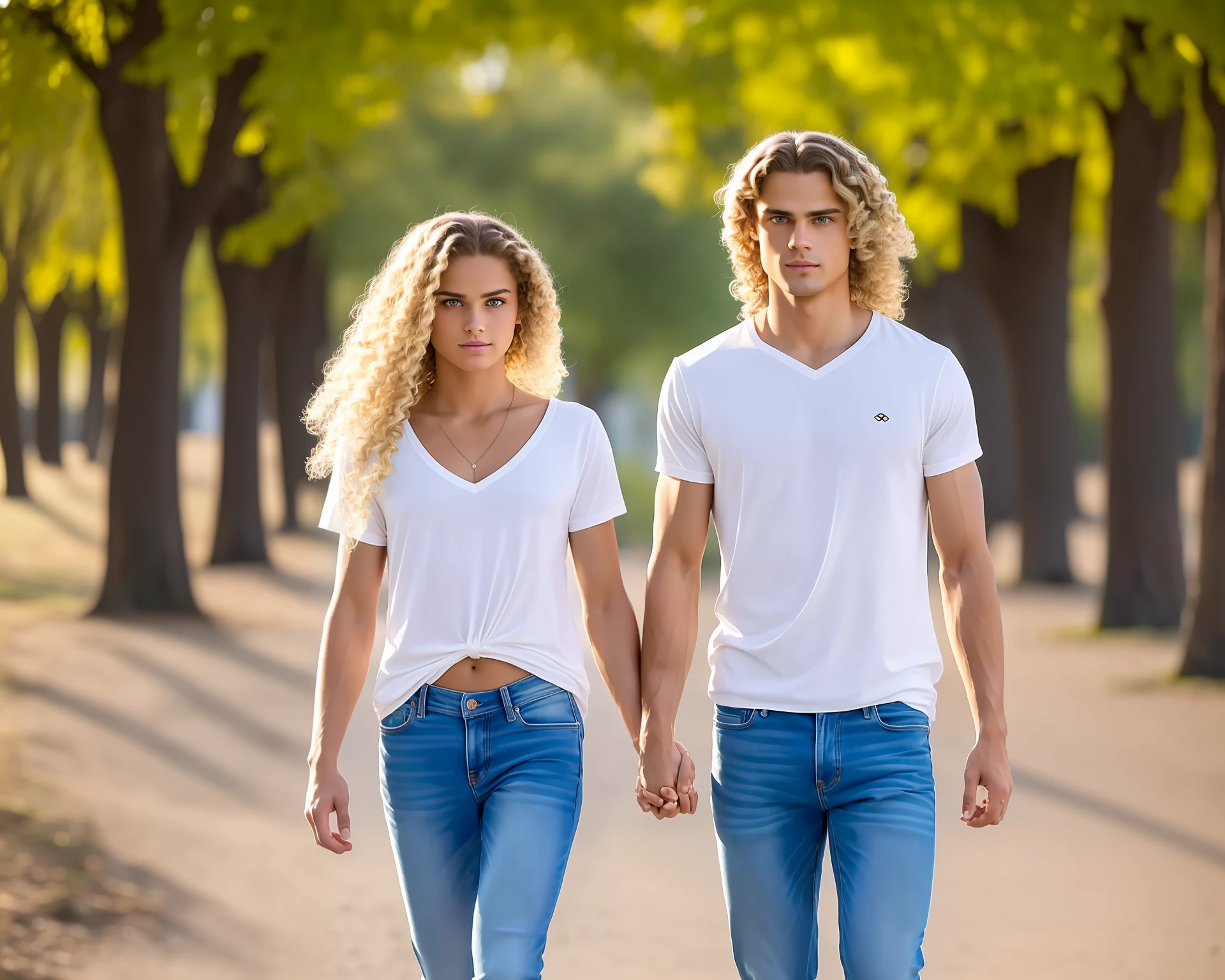 **A young man and a young woman happy, Hypernatural, couple strolling together, ((Perfect anatomically)) with blond hair and beautiful and delicate green eyes, looking at the audience. He is from ((Full body: 1.2)), She is from ((whole body1.2)) are holding hands ((are Western)), ((she is brunette with long hair and with natural curls)), ((he is blond with short straight hair)) are happy, love is in the air, natural light, walking through the park, many trees of all colors around, ultra-detailed, full body portrait, best photos, images without anatomical errors, intricate details of the highest quality, perfect and symmetrical face, perfect and symmetrical hands, symmetrical faces, symmetrical lips, symmetrical eyes, symmetrical heads, tanned skin, auto, sportswear, jeans, sneakers, s2-upscale, air 3:2 L, 3D, error free.** - --auto --s2