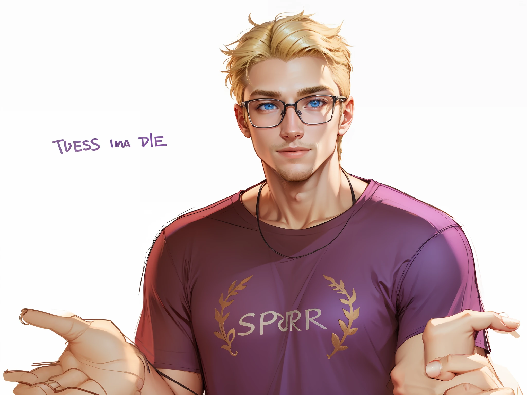 4k, realistic, very detailed, male, blonde hair, light blue eyes detailed, wearing glasses,cute smile,wearing dark purple T-shirt written "SPQR". Background with Roman construction
