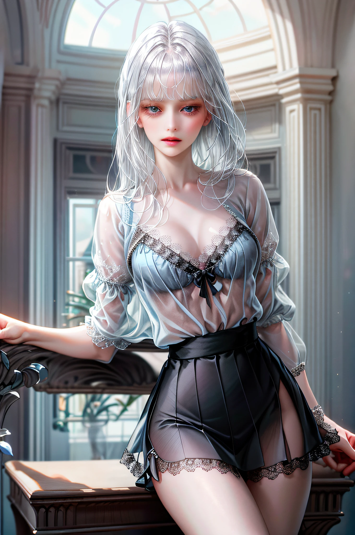 One creates a girl with blue eyes, beautiful, thin, flat, and may be wearing a businesswoman's uniform (bangs, straight silver hair), women, ((light blue, sheer blouse front opening, light blue sheer slit miniskirt)), ((black lace underwear), biting in)), sexy pose, lower body slender, behind the woman, There are windows showing various buildings in the city (absurdity, high resolution, super detail), Carrier Woman