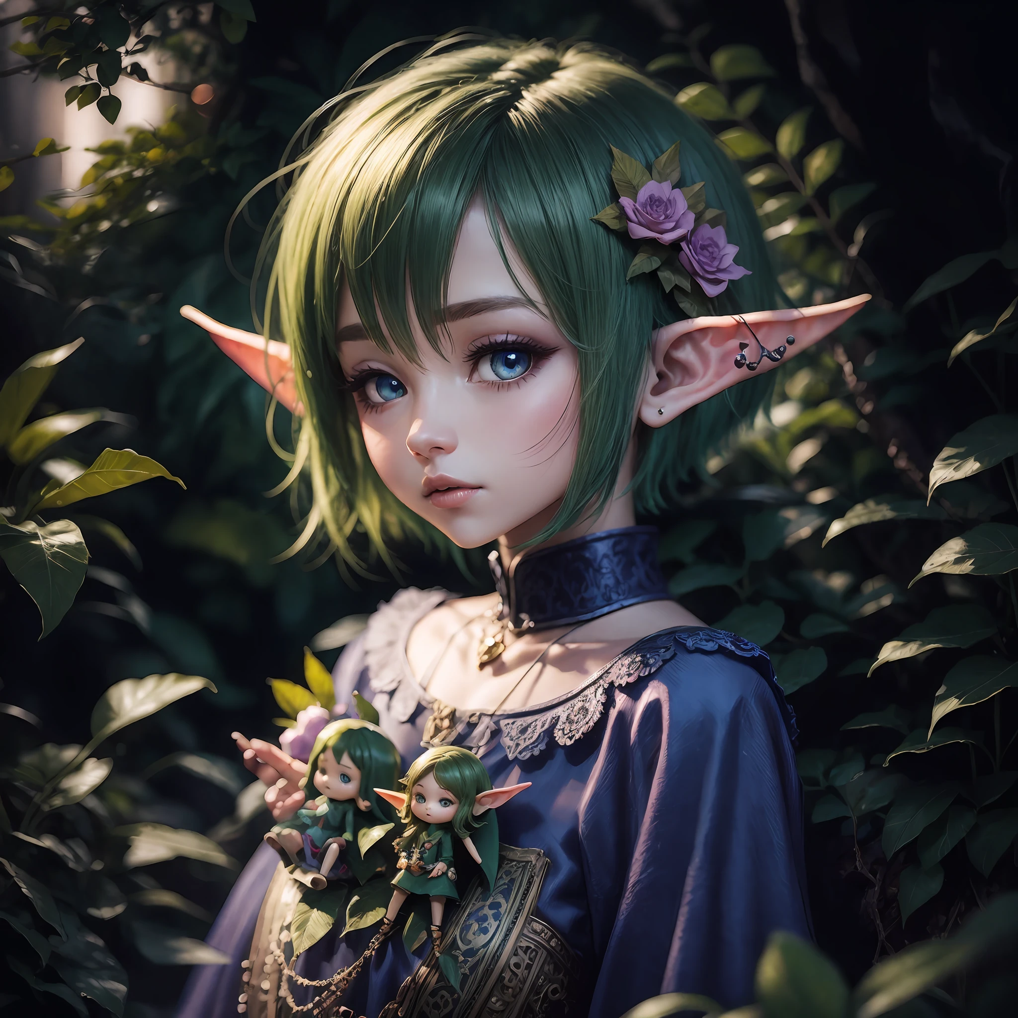 Cute, elf, dreamy, scene, doll ip, short hair, colorful and surrounded by vegetation --auto --s2