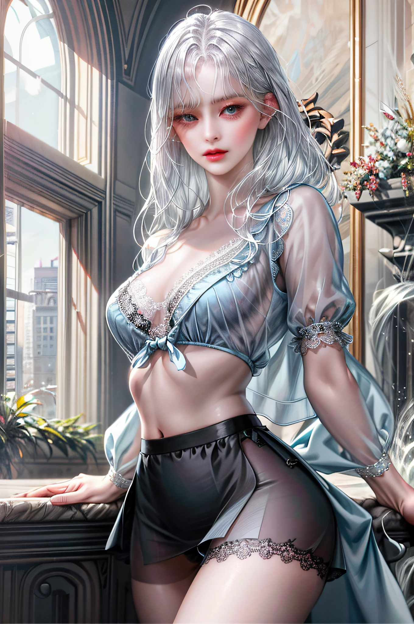 One creates a girl with blue eyes, beautiful, thin, flat, and may be wearing a businesswoman's uniform (bangs, straight silver hair), women, ((light blue, sheer blouse front opening, light blue sheer slit miniskirt)), ((black lace underwear), biting in)), sexy pose, lower body slender, behind the woman, There are windows showing various buildings in the city (absurdity, high resolution, super detail), Carrier Woman