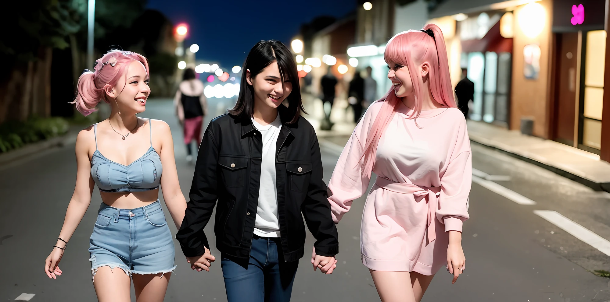 Two people, a pink-haired beauty holding the hand of a black-haired beauty in the dark night, walking on the street, smiling viciously