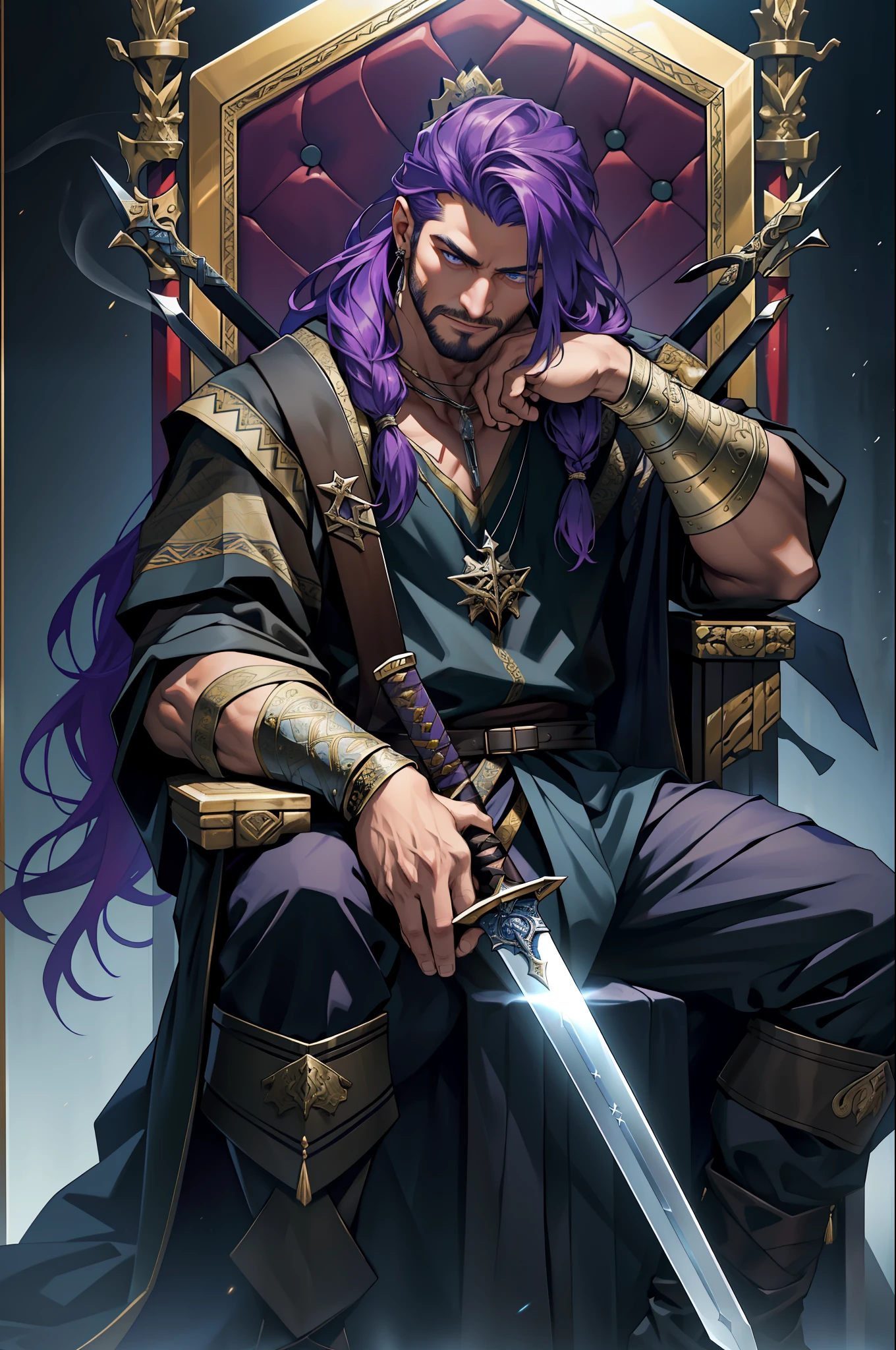 (a 30-year-old man) sitting on a throne made of swords, reminiscent of the famous thrones of the series( Game of Thrones) [".] He is seen full body, with the (camera a little away from where he is sitting), which allows you to view all his imposing bearing [".] (His eyes are a deep purple) and contrast with his (long hair entwined in purple dreads), (which run down his back) [".] His skin is of a brown hue, which highlights his strong and striking features [".] (He's dressed in black, with light fabric clothes that look luxurious.) [".] On his neck and wrists, he wears several gold necklaces and bracelets, which shine against his skin [".] The scenery in which it stands is highly detailed, with an impressive sharpness and realism, thanks to the digital illustration in 4K [".] Several elements are present that indicate a war scene in the age of the Vikings, such as burning ships, soldiers with shields and swords, and smoke [".] The throne on which he is seated is composed of swords, which gives an even more epic and imposing air to his figure [".] (The man holds a long, sharp sword in his right hand), (which has also been drawn in detail with sharpness and realism), and appears to be a Viking sword [".] His smile is mischievous, almost imperceptible, and seems to indicate that he knows secrets that no one else does. He examines his surroundings with a piercing gaze, as if he is always one step ahead of others [".] His purple dreaded hair is an important element of his appearance, and has been designed with care and attention to detail [".] (The sword is also an important part of the drawing), (and was depicted realistically and accurately) [".] The design conveys the feel of an epic battle scene, with a mix of fantasy and story elements [".] The 4K digital illustration allows you to visualize stunning details, such as the textures of the swords that make up the throne and the reflections