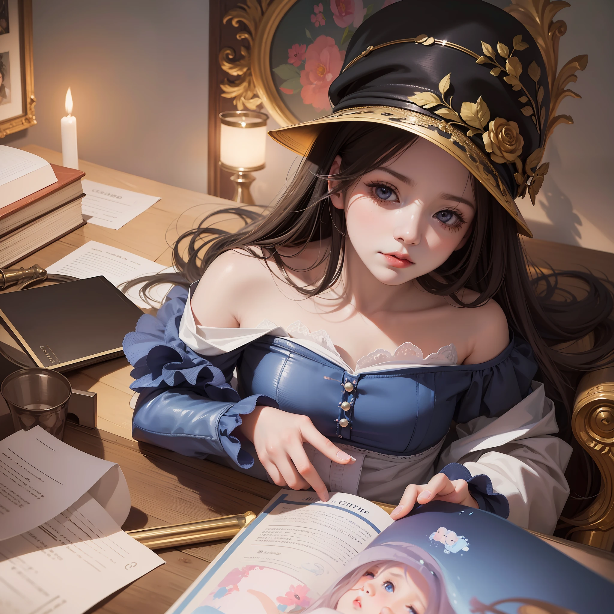 a little girl wearing a hat and reading a book, realistic cute girl painting, kawaii realistic portrait, adorable digital painting, cgsociety 9, storybook art, carlos ortega elizalde, realistic anime art style, photorealistic anime girl render, beautiful character painting, realistic anime style at pixiv, beautiful fantasy art portrait, beautiful digital painting, childrens book art