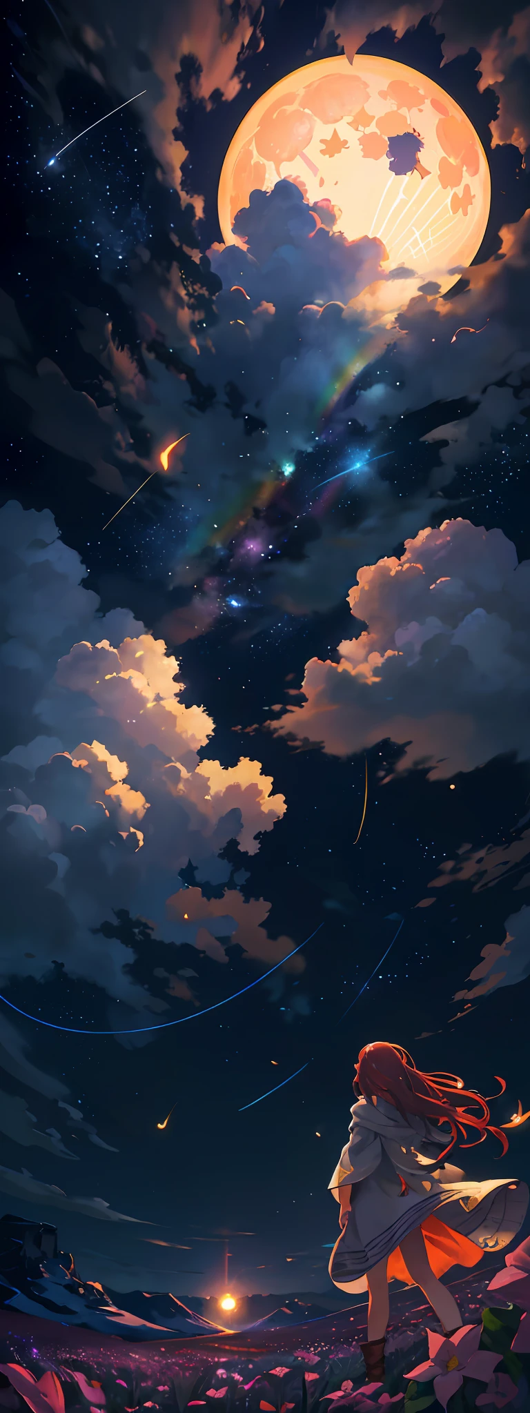 Vast landscape photo, (viewed from below, the sky is above and the open field is below), a girl standing on a flower field looking up, (full moon: 1.2), (meteor: 0.9), (nebula: 1.3), distant mountains , Trees BREAK Crafting Art, (Warm Light: 1.2), (Fireflies: 1.2), Lights, Lots of Purple and Orange, Intricate Details, Volumetric Lighting, Realism BREAK (Masterpiece: 1.2), (Best Quality), 4k, Ultra-Detailed, (Dynamic Composition: 1.4), Very Detailed, Colorful Details, (Rainbow Colors: 1.2), (Glow Lighting, Atmospheric Lighting), Dreamy, Magical, (Solo: 1.2)