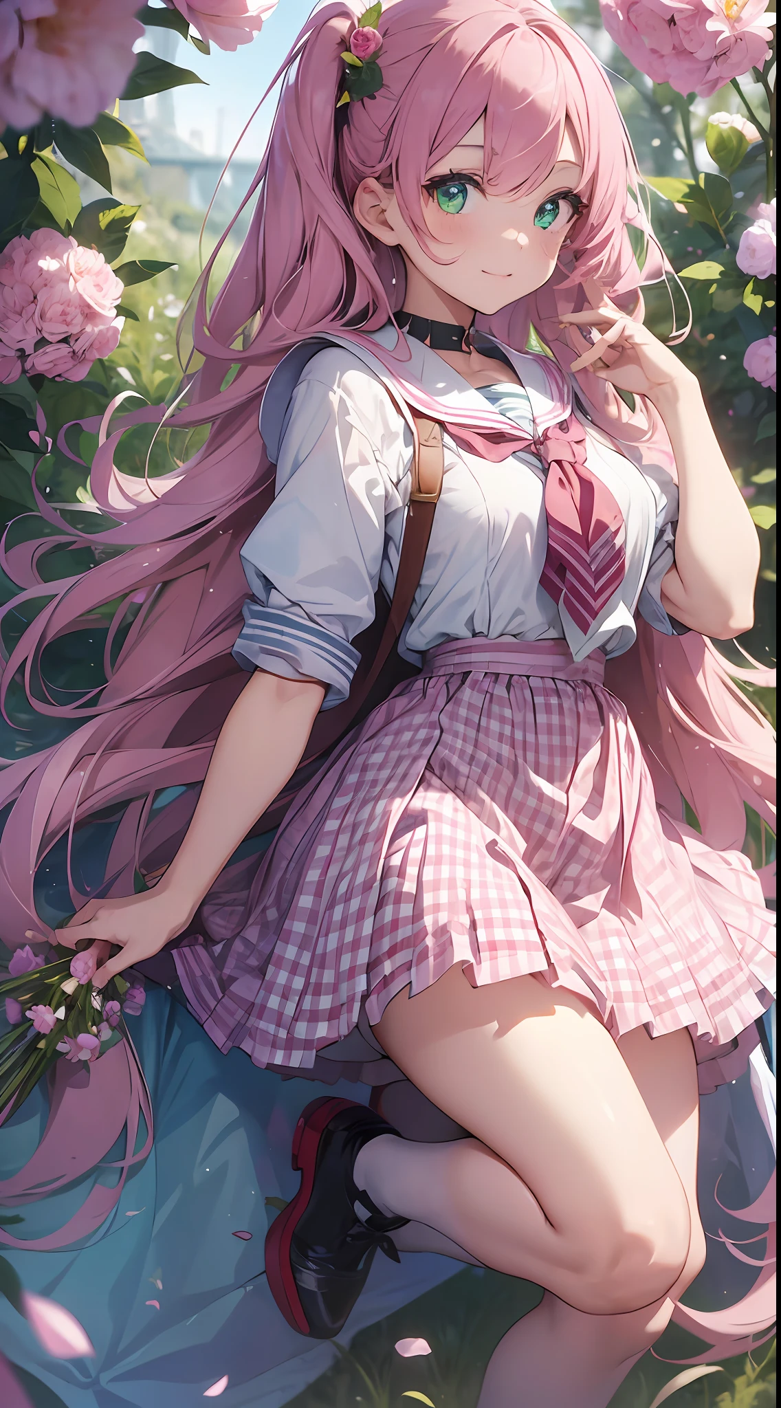 (((masterpiece))), (super detailed, top quality, high resolution, 8k wallpapers, beautiful clothes,)), full body, from the front (1 girl) (pink hair, long hair, straight hair, two side up)) ((green eyes)), eyeshadow, eyeliner, glowing eyes, ultra-detailed eyes, complex eyes, beautiful eyes, (sparkling pink pupils)) 18 years old. School uniform, pink clothes,sailor. gingham pattern.(giving bouquet). (flower background).smile