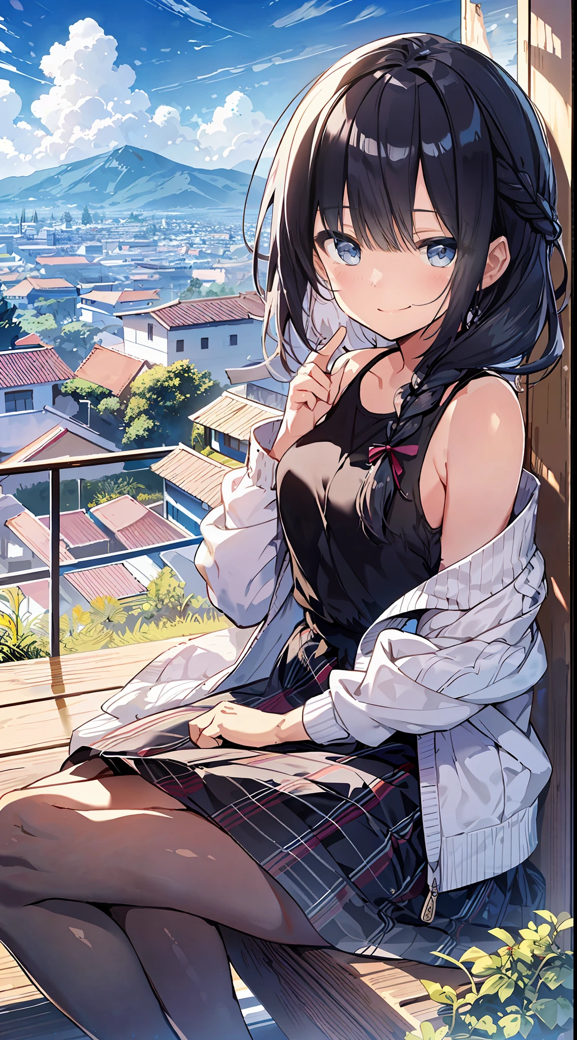 Top Quality, Masterpiece, Ultra High Definition, 8K, Summer Sky, Early Summer, (flared skirt, light cardigan, sneakers), Shojo Manga Style Loli, One, Soft Line Art, Digital Enhancement, Shojo Manga Touch, Shojo Manga Core, Flowing Fabric, Close Up, (Shoulder-length and short braid)), Wet hair, Soft drawing, Beautiful black hair, Clear eyes, (( Teasing smile)), ultra-detailed digital anime art, clear face depiction, ultra-detailed shoujo manga character art, clear facial features, ultra-detailed manga style, top quality colors, hand gestures, landscape with nature, looking up at the sky, angle that can be seen up to the feet