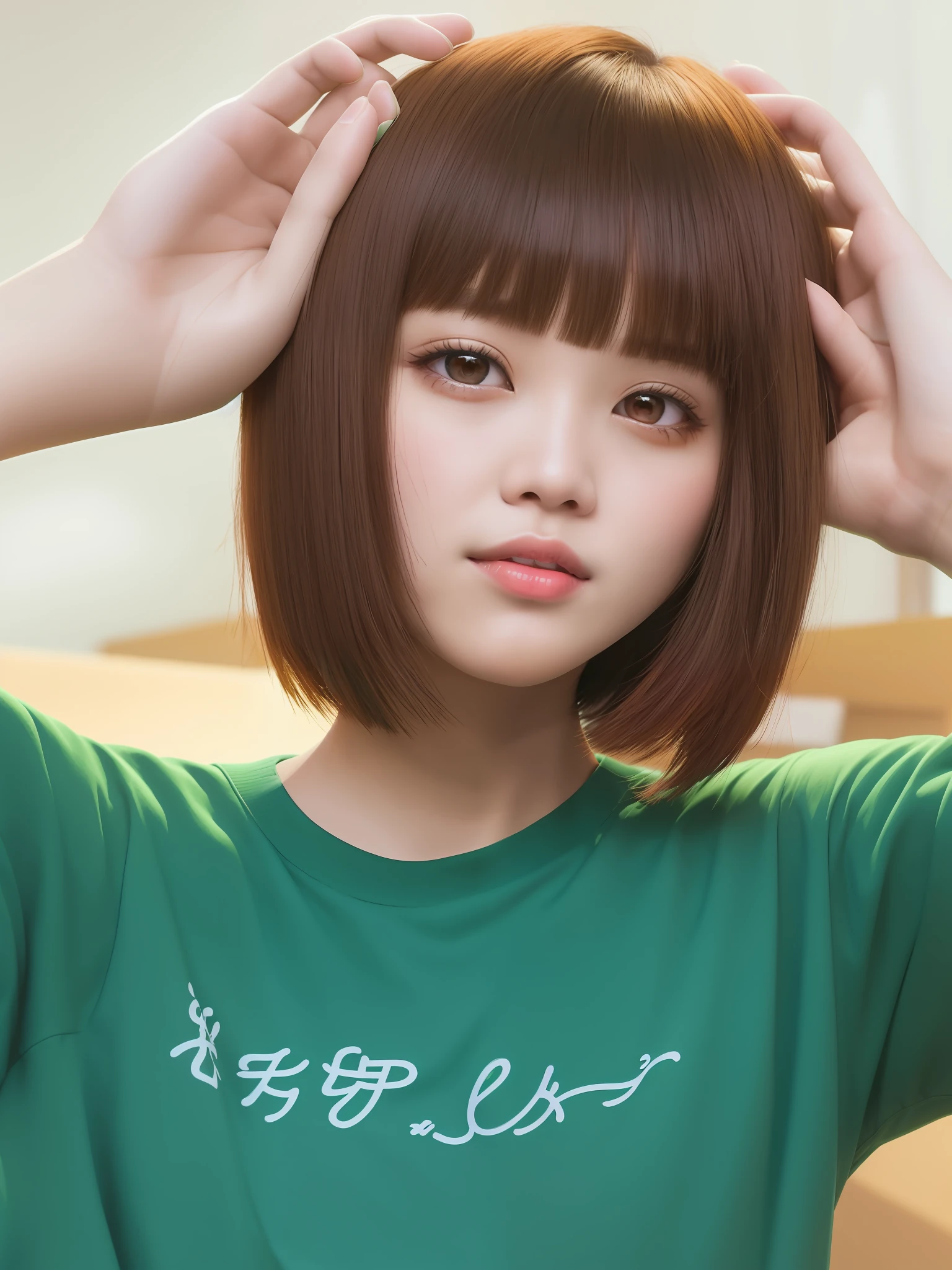 arafed asian woman with a green shirt and red lipstick, with short hair, with short hair with bangs, neat hair with bangs, the hime cut, with bangs, chiho, short brown hair with bangs, white hime cut hairstyle, ulzzang, black hime cut hair, brown hair and bangs, with full bangs, brown hair with bangs, fluffy bangs