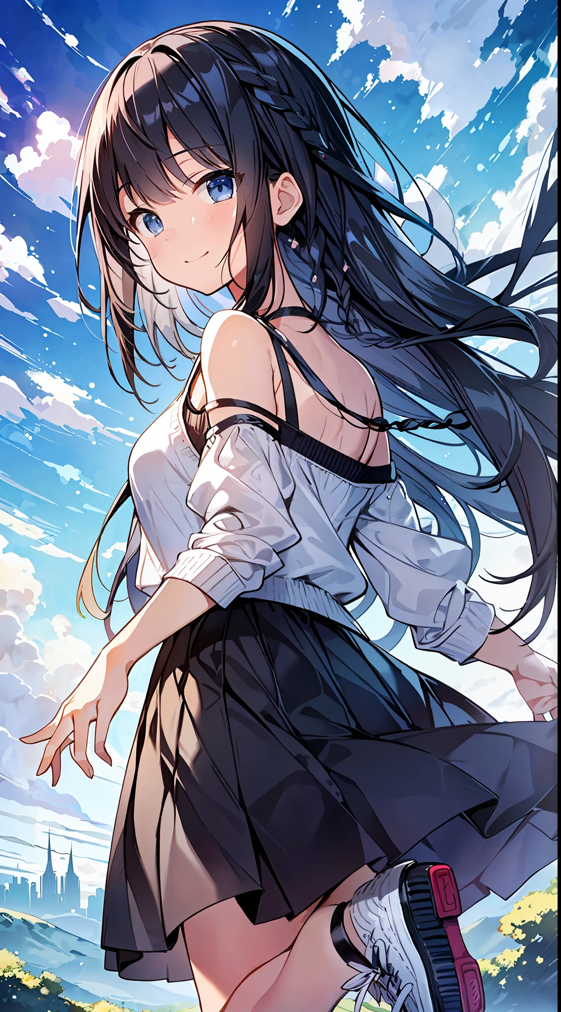 Top Quality, Masterpiece, Ultra High Definition, 8K, Summer Sky, Early Summer, (flared skirt, light cardigan, sneakers), Shojo Manga Style Loli, One, Soft Line Art, Digital Enhancement, Shojo Manga Touch, Shojo Manga Core, Flowing Fabric, Close Up, (Shoulder-length and short braid)), Wet hair, Soft drawing, Beautiful black hair, Clear eyes, (( Teasing smile)), ultra-detailed digital anime art, clear face depiction, ultra-detailed shoujo manga character art, clear facial features, ultra-detailed manga style, top quality colors, hand gestures, landscape with nature, looking up at the sky, angle that can be seen up to the feet