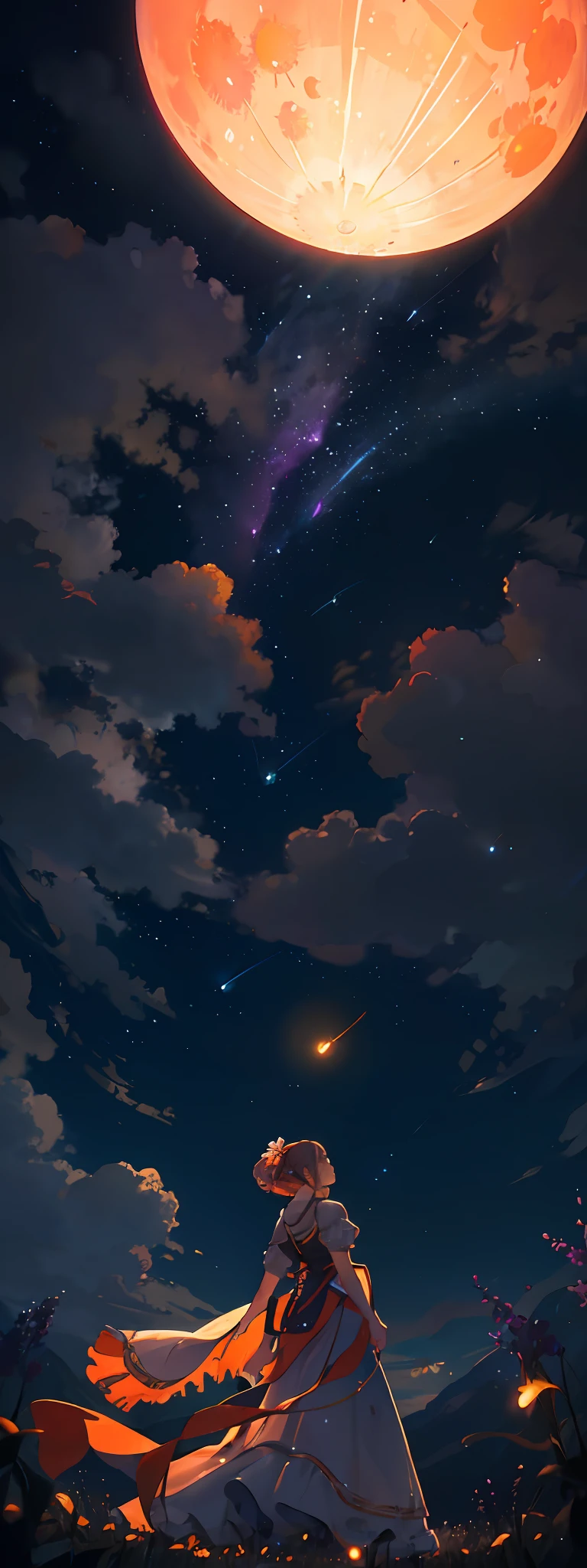 Vast landscape photo, (viewed from below, the sky is above and the open field is below), a girl standing on a flower field looking up, (full moon: 1.2), (meteor: 0.9), (nebula: 1.3), distant mountains , Trees BREAK Crafting Art, (Warm Light: 1.2), (Fireflies: 1.2), Lights, Lots of Purple and Orange, Intricate Details, Volumetric Lighting, Realism BREAK (Masterpiece: 1.2), (Best Quality), 4k, Ultra-Detailed, (Dynamic Composition: 1.4), Very Detailed, Colorful Details, (Rainbow Colors: 1.2), (Glow Lighting, Atmospheric Lighting), Dreamy, Magical, (Solo: 1.2)