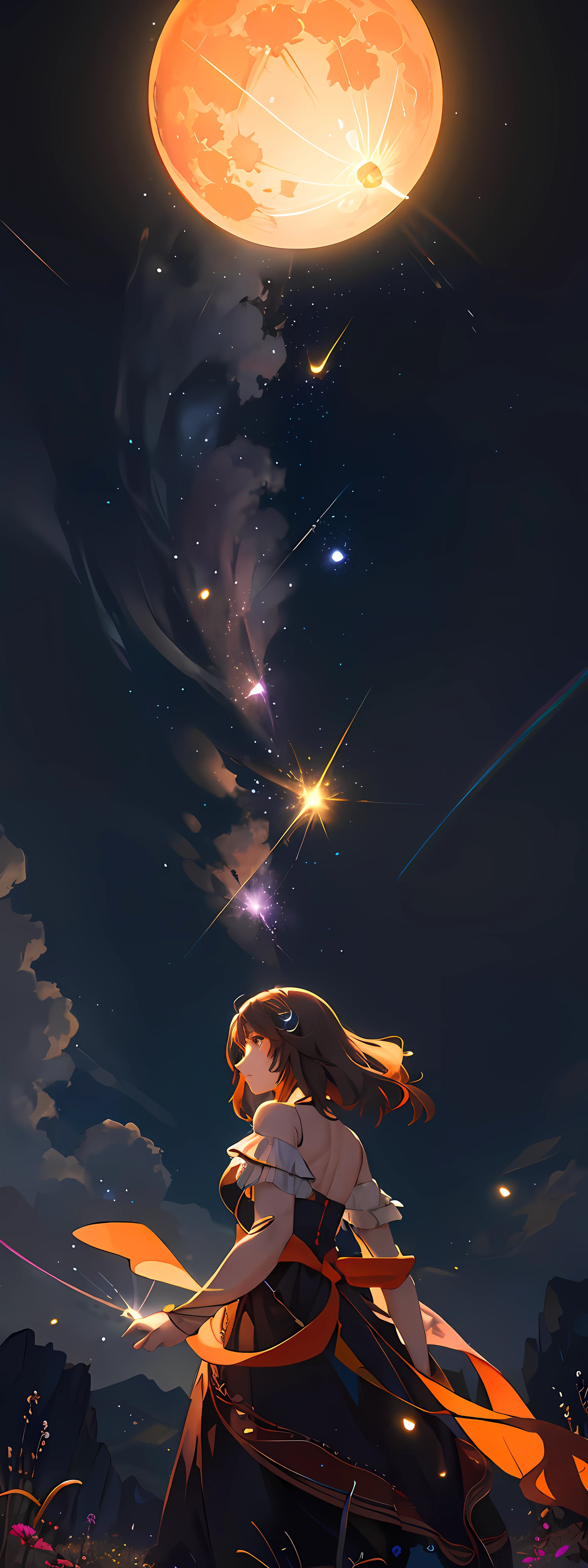 Vast landscape photo, (viewed from below, the sky is above and the open field is below), a girl standing on a flower field looking up, (full moon: 1.2), (meteor: 0.9), (nebula: 1.3), distant mountains , Trees BREAK Crafting Art, (Warm Light: 1.2), (Fireflies: 1.2), Lights, Lots of Purple and Orange, Intricate Details, Volumetric Lighting, Realism BREAK (Masterpiece: 1.2), (Best Quality), 4k, Ultra-Detailed, (Dynamic Composition: 1.4), Very Detailed, Colorful Details, (Rainbow Colors: 1.2), (Glow Lighting, Atmospheric Lighting), Dreamy, Magical, (Solo: 1.2)