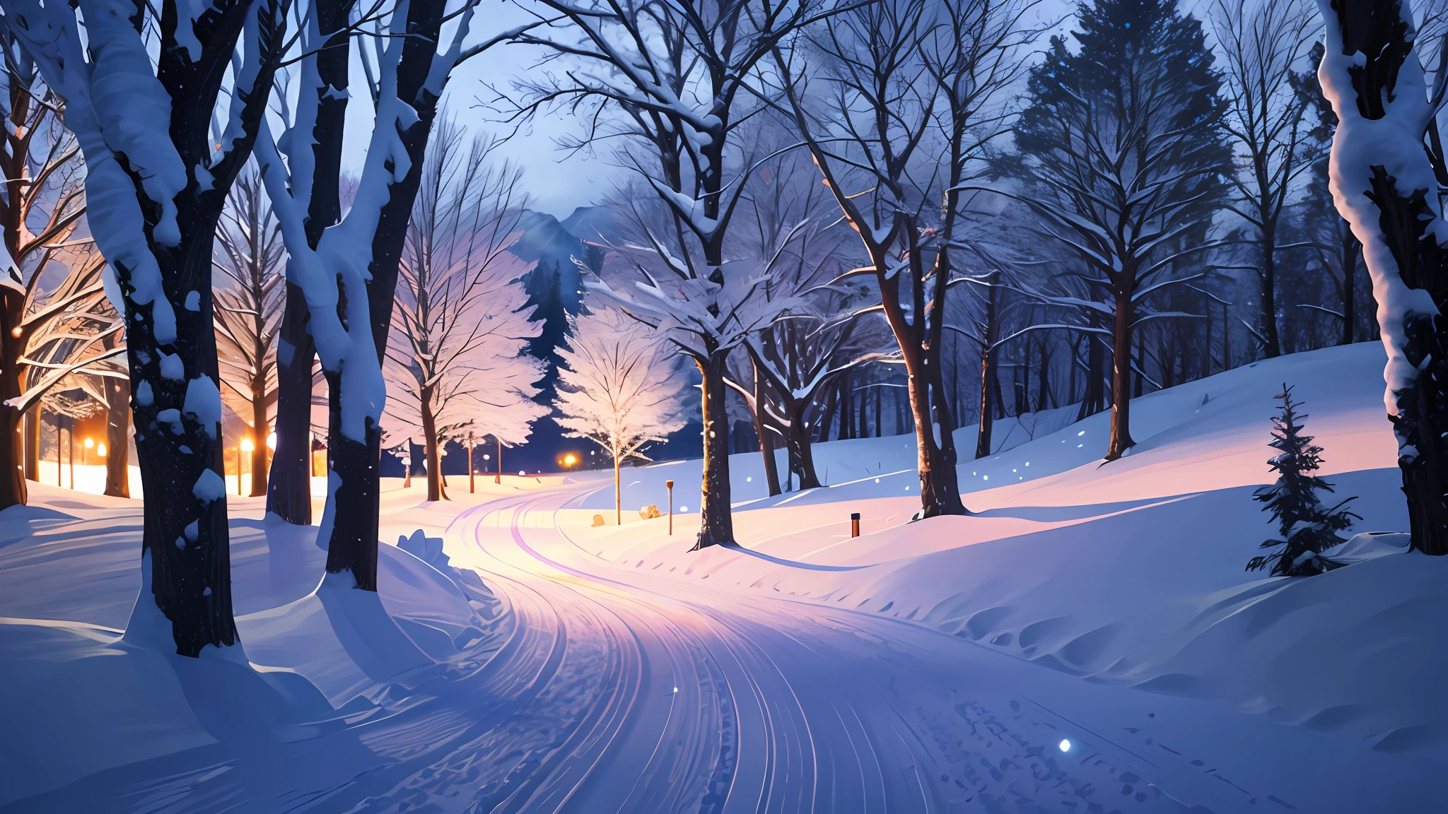 realistic, photo, snow, night, snow road, high resolution, tree, bloom, movie lighting