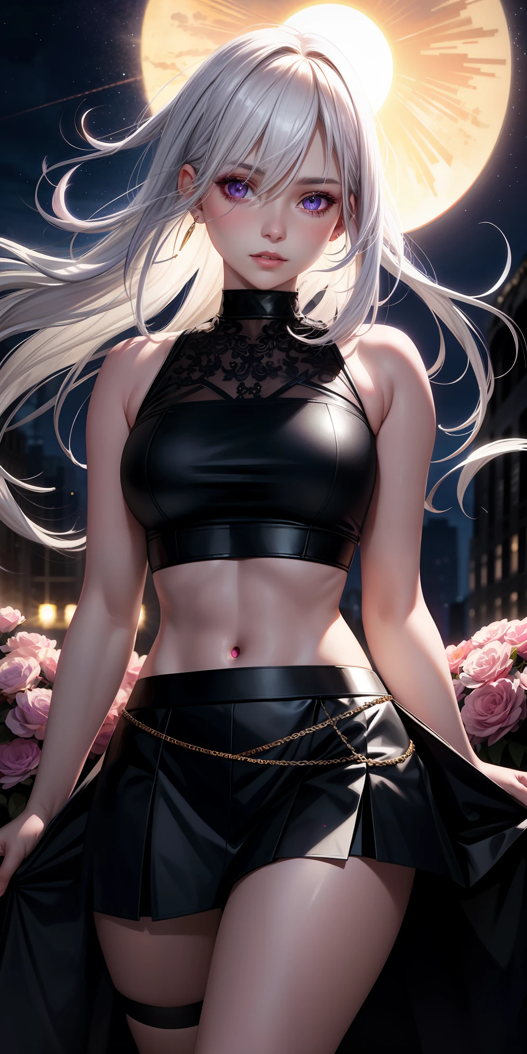 realistic, 1girl, white hair, purple eyes, glowing eyes, crop top, skirt, parted lips, blush, night, flowers, sun, sunlight,