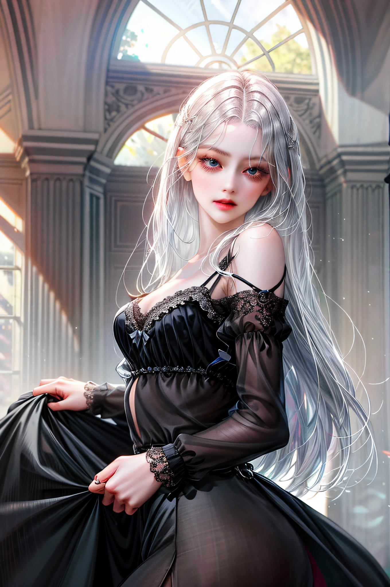 One creates a girl with dark red hair and blue eyes, beautiful, thin, flat, and may be wearing a businessman's uniform, straight silver hair, woman, (long skirt with black sheer slit (black sheer blouse opening front)), (white lace underwear), biting, sexy pose, slender lower body, behind the woman, there are windows showing various buildings in the city (absurd, high resolution, super detail), Carrier Woman