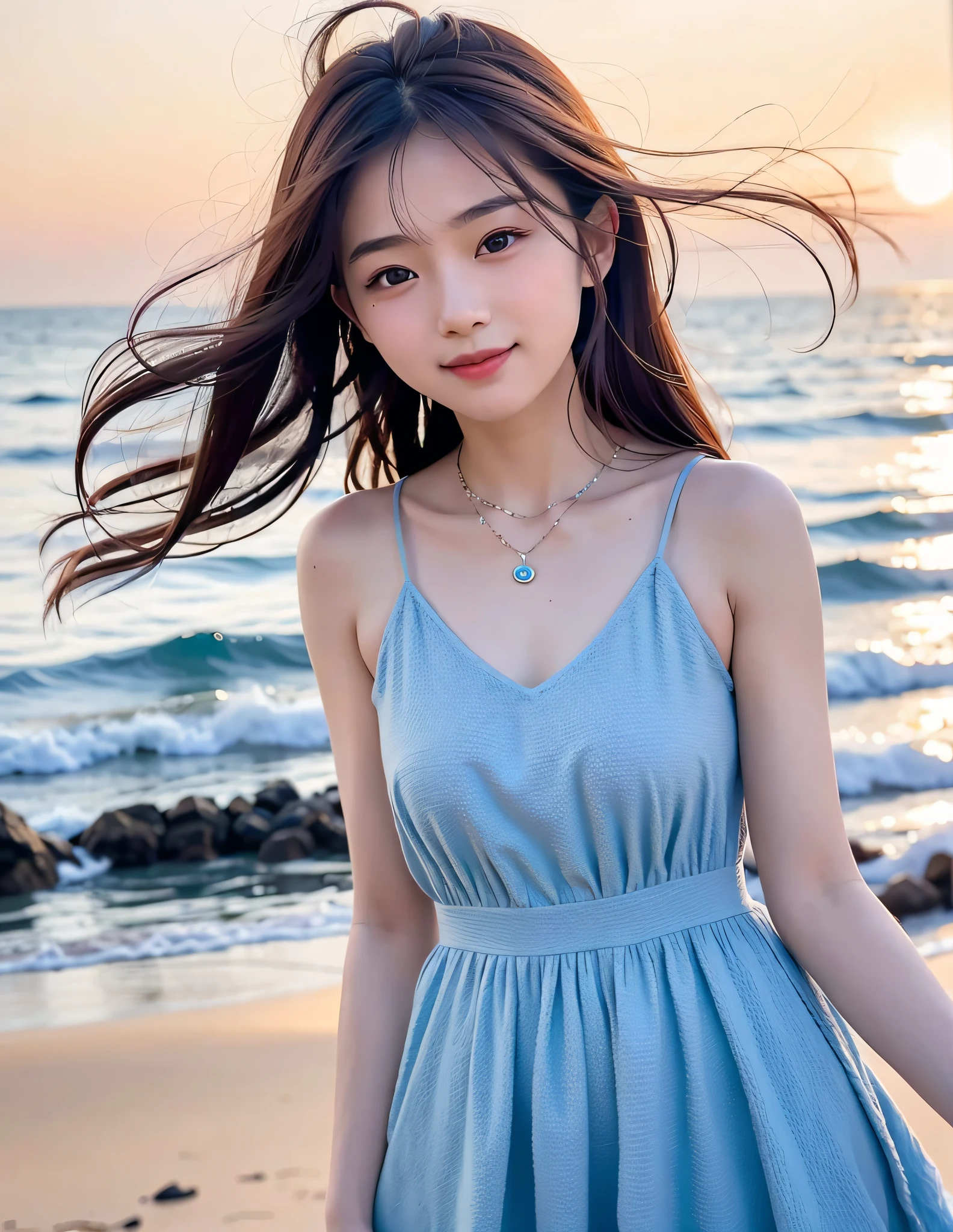 RAW, analog style, delicate, best quality, hyper detail, fine detailed, locate details, colorful, (perfect figure, perfect face), (beautiful 18 years old cute korean girl: 1.3), soft lips, (light eyebrows: 1.4), 1 female, 18 years old, solo focus, skinny, pale skin, soft lips, ( Light eyebrows: 1.4), shiny brown eyes, long black hair, hairpins, medium chest, beautiful and delicate sky, flowing hair, (nose blush), beautiful and delicate eyes, pink dress, smile, best quality, super high resolution, (realism: 1.4), hyperrealism, 1 girl, looking at the audience, smile, cute, full body, C cup, supple skin, cute charming round face, very detailed, delicate collarbone, sapphire necklace, charming figure, blue girl dress, smile, (beach background, Seagulls in the distance, soft sea breeze, playful pose)