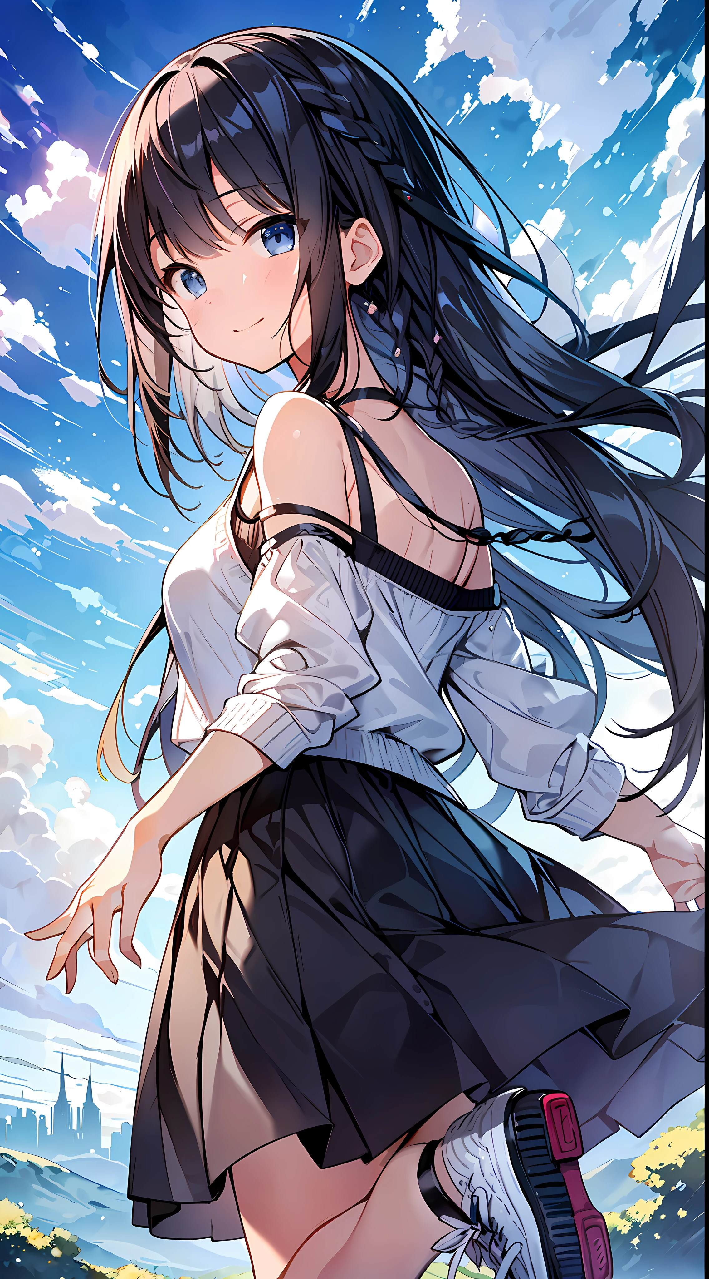 Top Quality, Masterpiece, Ultra High Definition, 8K, Summer Sky, Early Summer, (flared skirt, light cardigan, sneakers), Shojo Manga Style Loli, One, Soft Line Art, Digital Enhancement, Shojo Manga Touch, Shojo Manga Core, Flowing Fabric, Close Up, (Shoulder-length and short braid)), Wet hair, Soft drawing, Beautiful black hair, Clear eyes, (( Teasing smile)), ultra-detailed digital anime art, clear face depiction, ultra-detailed shoujo manga character art, clear facial features, ultra-detailed manga style, top quality colors, hand gestures, landscape with nature, looking up at the sky, angle that can be seen up to the feet