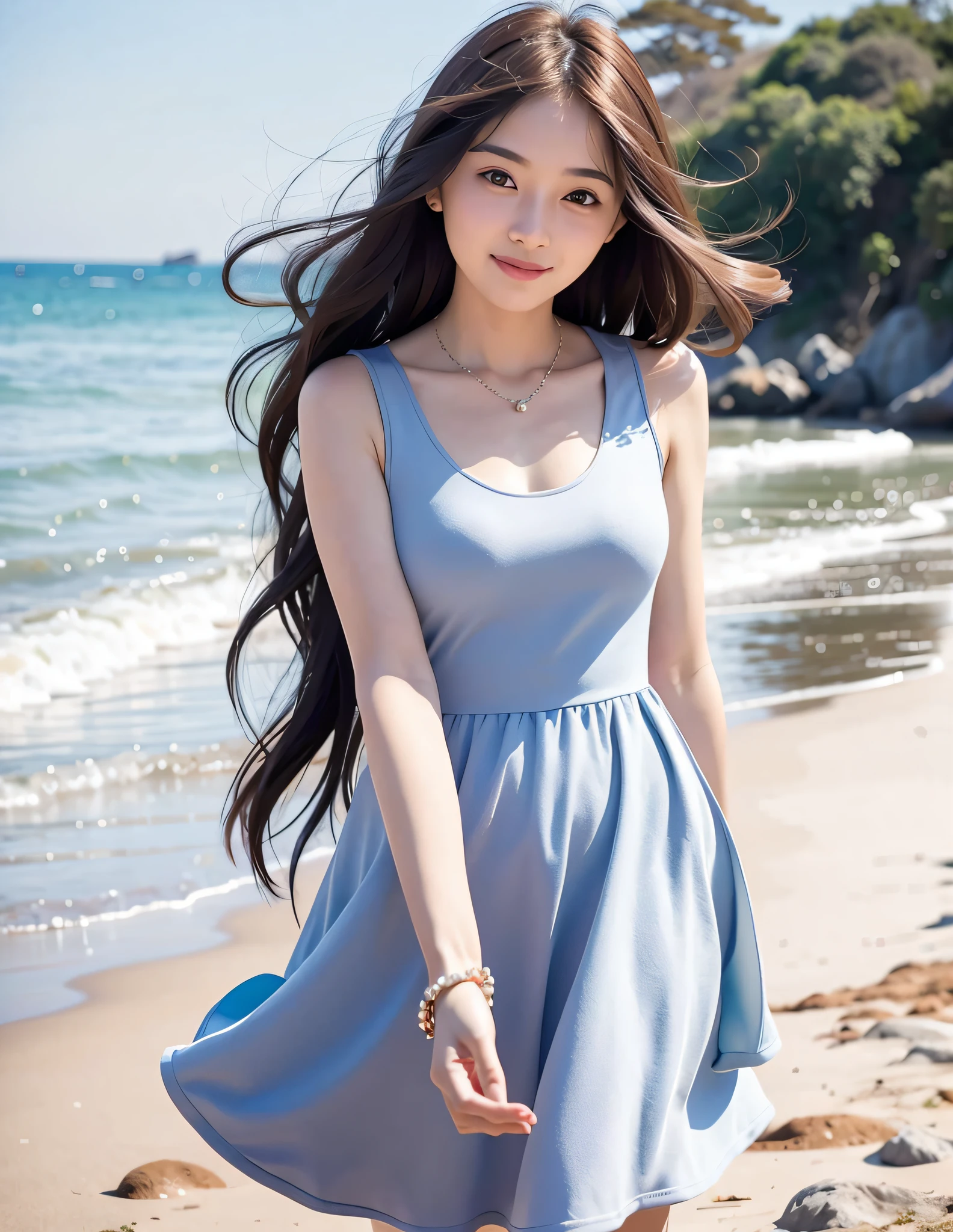 RAW, analog style, delicate, best quality, hyper detail, fine detailed, locate details, colorful, (perfect figure, perfect face), (beautiful 18 years old cute korean girl: 1.3), soft lips, (light eyebrows: 1.4), 1 female, 18 years old, solo focus, skinny, pale skin, soft lips, ( Light eyebrows: 1.4), shiny brown eyes, long black hair, hairpins, medium chest, beautiful and delicate sky, flowing hair, (nose blush), beautiful and delicate eyes, pink dress, smile, best quality, super high resolution, (realism: 1.4), hyperrealism, 1 girl, looking at the audience, smile, cute, full body, C cup, supple skin, cute charming round face, very detailed, delicate collarbone, sapphire necklace, charming figure, blue girl dress, smile, (beach background, Seagulls in the distance, soft sea breeze, playful pose)