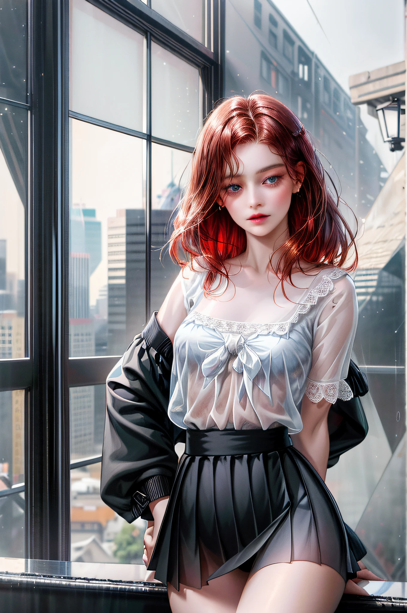 One creates a girl with dark red hair and blue eyes, beautiful, thin, flat, may be wearing a businessman's uniform, with short bobbed hair, ((white sheer blouse, black miniskirt)), underwear bite, sexy pose, lower body slender, behind the woman there are windows showing various buildings in the city (absurd, high resolution, super detail), carrier woman