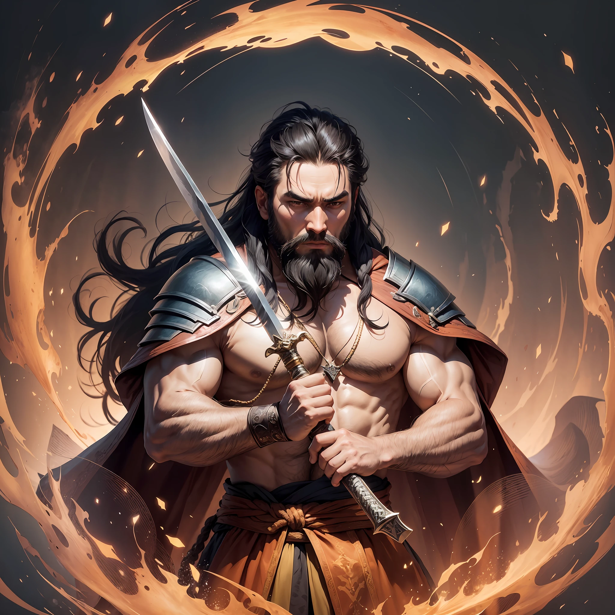 I would like to create an image based on the character Byamba, from the TV series Marco Polo, played by actor Uli Latukefu. This image portrays a fighting monk, with a sword in one of his hands. The character must have the appearance of a 54-year-old, relatively long black hair and beard. The image must be like real --auto --s2