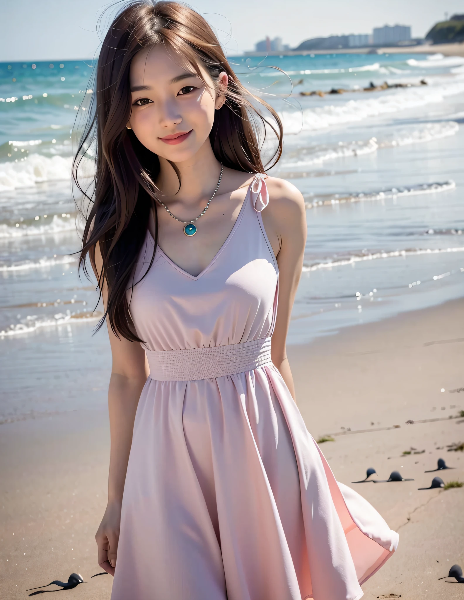 RAW, analog style, delicate, best quality, hyper detail, fine detailed, locate details, colorful, (perfect figure, perfect face), (beautiful 18 years old cute korean girl: 1.3), soft lips, (light eyebrows: 1.4), 1 female, 18 years old, solo focus, skinny, pale skin, soft lips, ( Light eyebrows: 1.4), shiny brown eyes, long black hair, hair clips, medium chest, beautiful and delicate sky, flowing hair, (nose blush), beautiful and delicate eyes, pink dress, smile, best quality, super high resolution, (realism: 1.4), hyperrealism, 1 girl, look at the audience, smile, cute, full body, C cup, supple skin, cute charming round face, very detailed, delicate collarbone, pink gemstone necklace, charming figure, pink girl dress, smile, (beach background, Seagulls in the distance, soft sea breeze, playful pose)