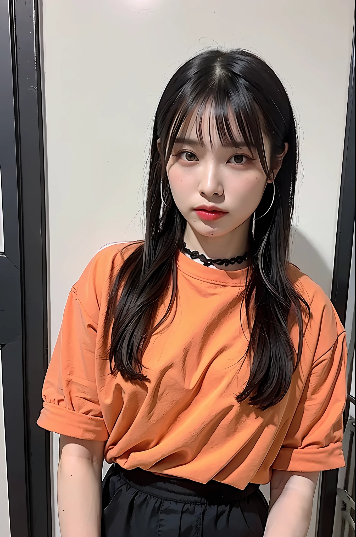 (8k:1.27), best quality, masterpiece, ultra highres:1.2), arrested lesbian goth delinquent girl with arm tattoos, tattooed girl, full body picture, orange oversized knotted prisoner t-shirt with black letters, short big sleeves, orange inmate prison uniform, dyed pink hair, dyed blonde hair, short bob hairstyle, hair pulled back, in a prison cell, handcuffed, hands tied with rope, submissive neck choker, 4k or 8k picture, looking sad, paisley bandana ribbon hairband, nose septum piercing, wearing dirty old clothes