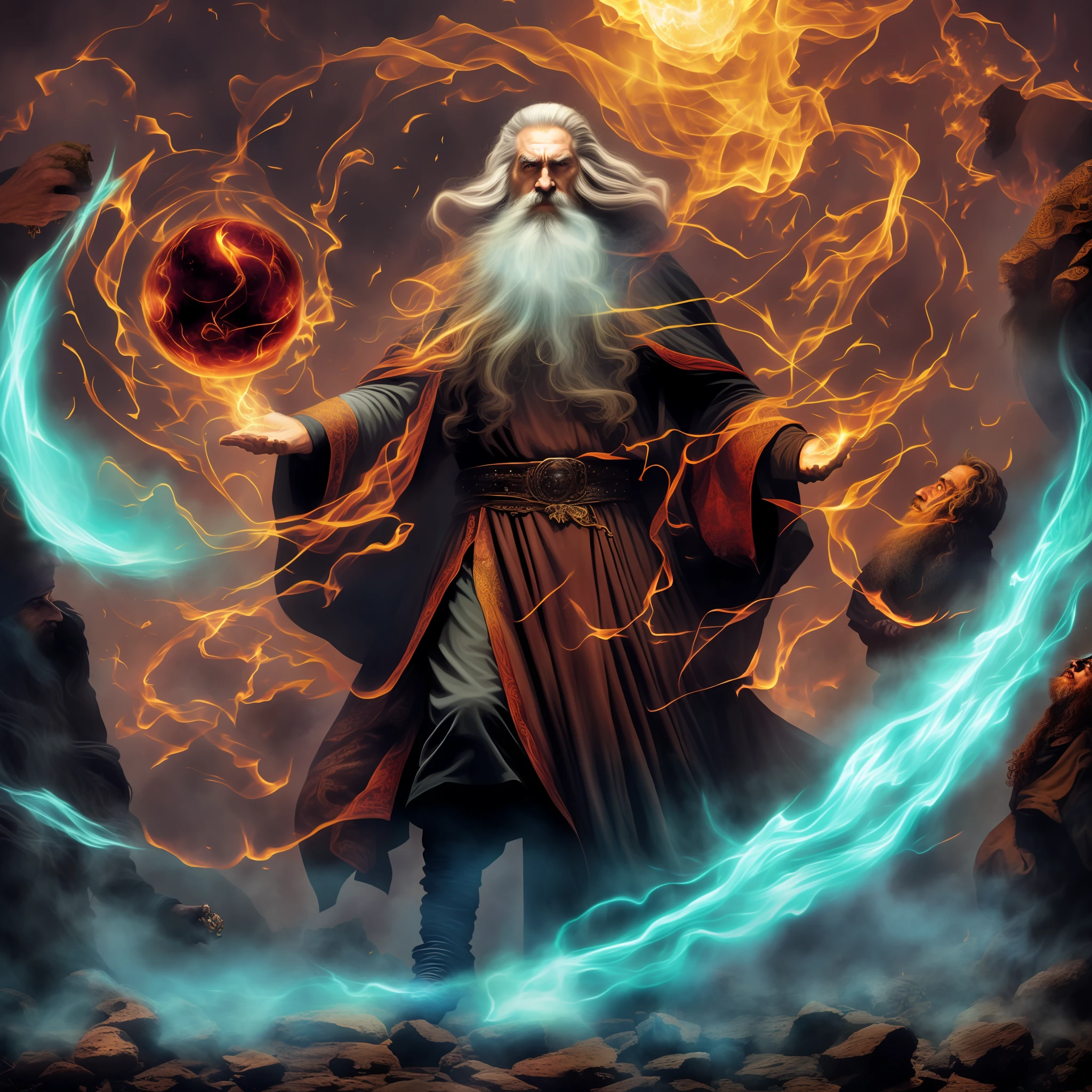 a man with a long beard holding a ball of fire, an arcane wizard casting a spell, the god hades, spell casting wizard, holy fire spell art, male wizard, ancient mystic time lord, wizard casting a spell, a sorcerer casting a fireball, evil wizard, evil male sorcerer, wizard pondering his orb, light sorcerer