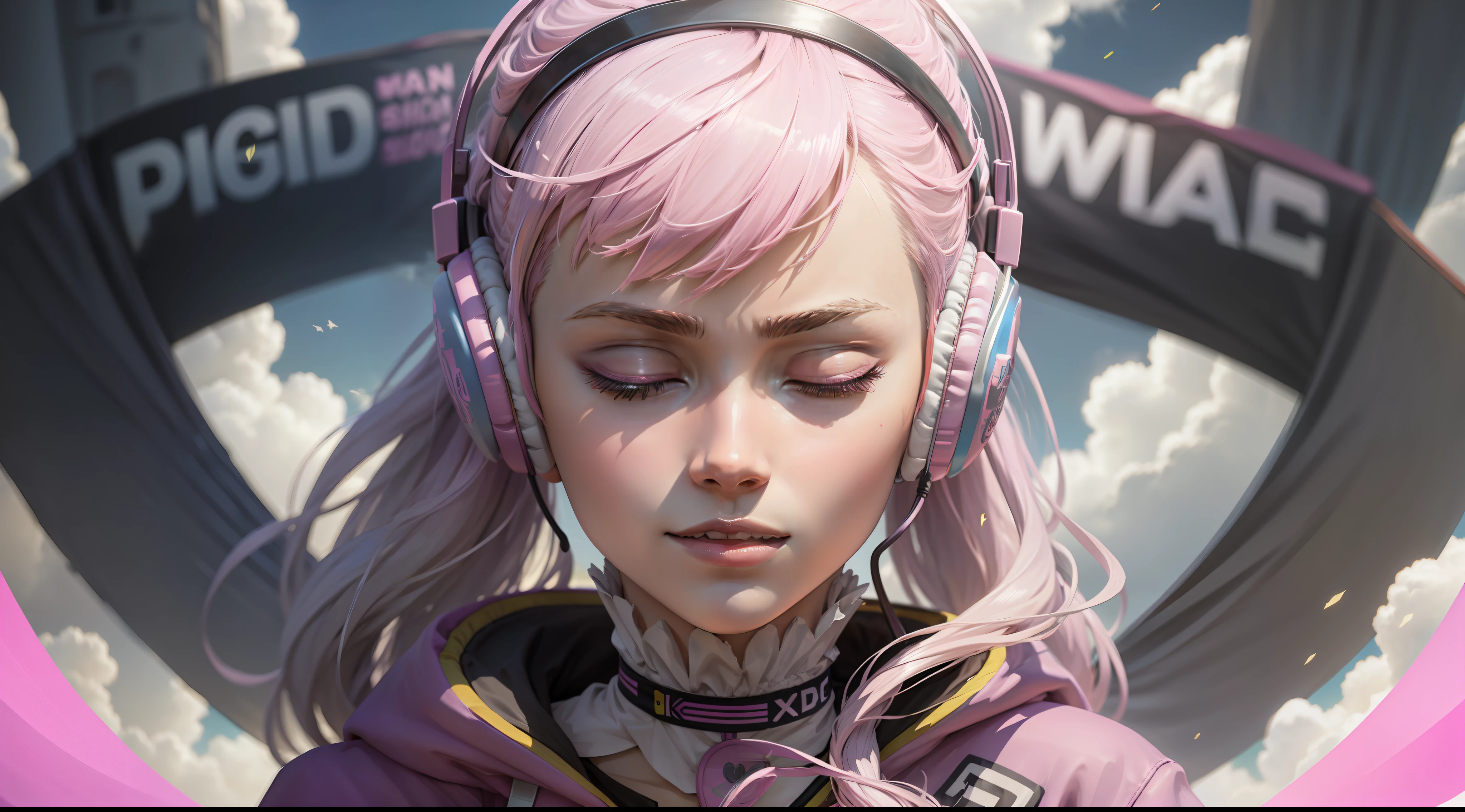 Woman with peace sense headset, closed eyes, beautiful face, RGB colors, anime pink hair, banner for youtube video, happy girl, clouds with RGB colors., bright RGB colors.