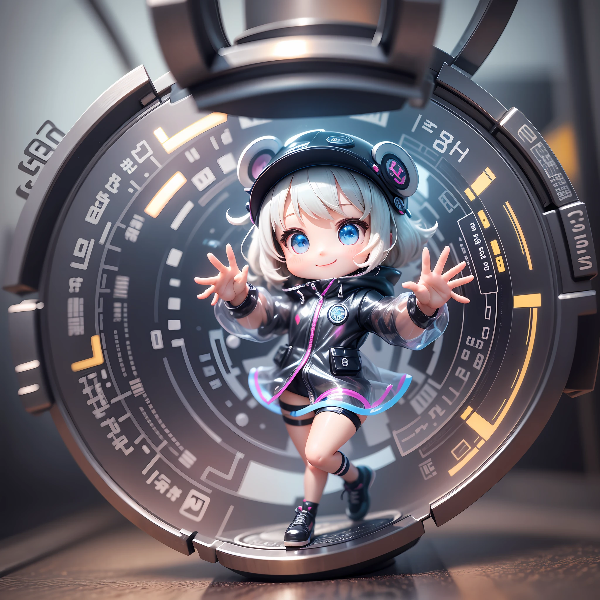 Blind Box Style girl fullbody, chibi, Super cute girl, little girl, smile, bear translucent raincoat, blind box, bubble matt design exaggerated pressure and movement, bright light,exaggerated pressure and action, bright lights, clay materials, precision mechanical parts, shut upintensity, 3d, super detailed, C4D, Octane rating rendering, bear, mixer, 8K, --auto --s2