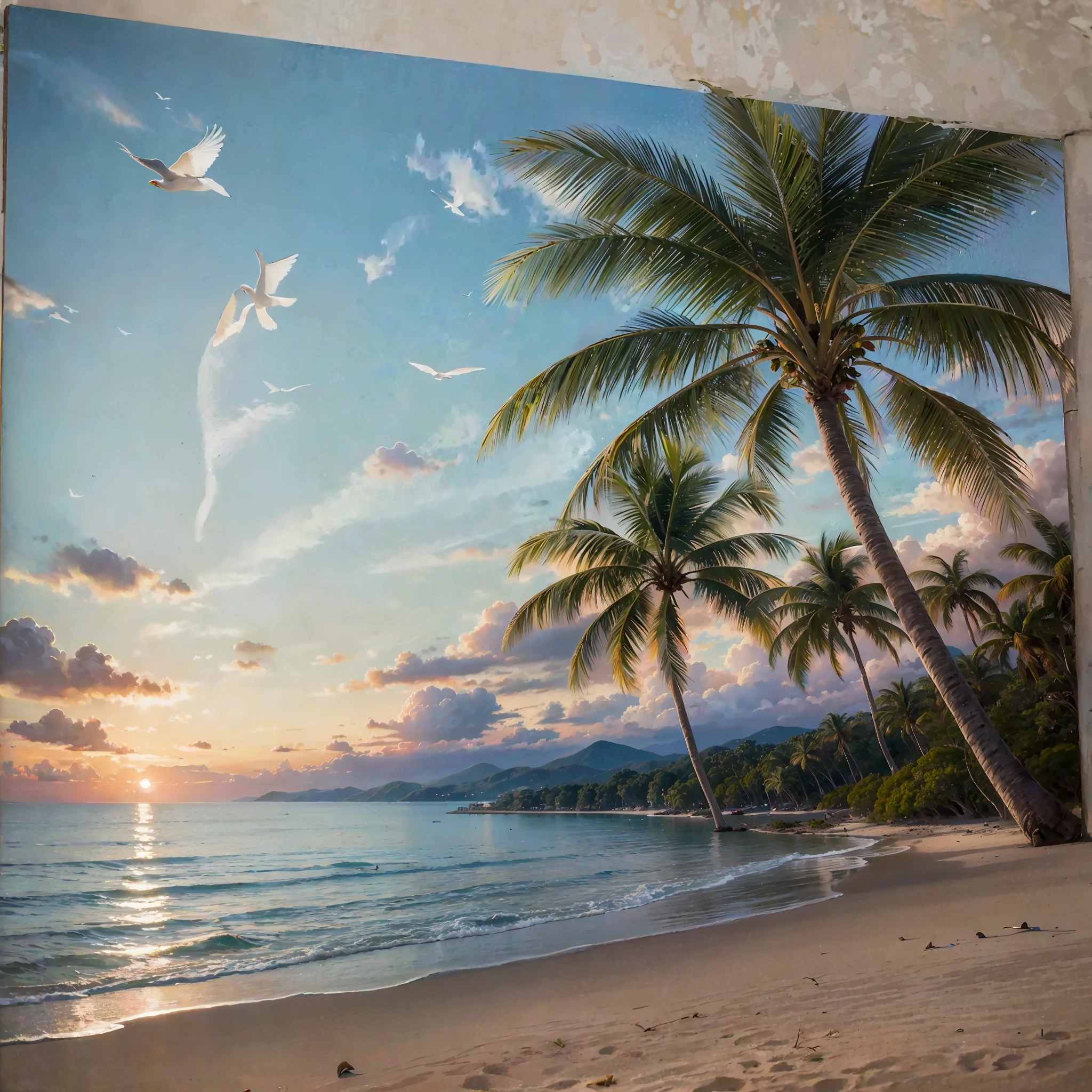 A traditional oil painting depicting a serene beach scene at dawn, with soft pastel colors, gentle waves lapping against the shore, palm trees swaying in the breeze, and seagulls soaring in the clear sky, presented in a classic --auto --s2