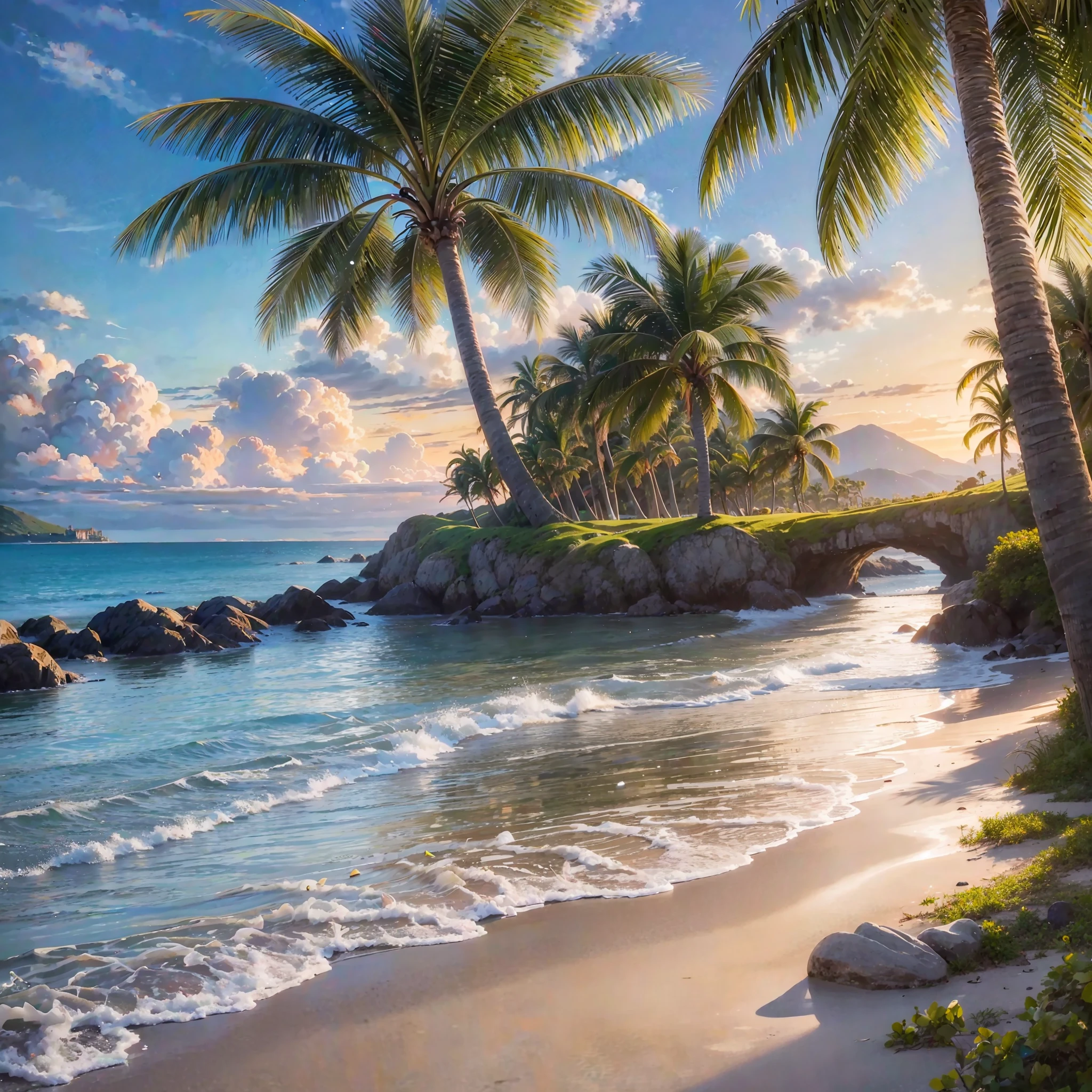 A traditional oil painting depicting a serene beach scene at dawn, with soft pastel colors, gentle waves lapping against the shore, palm trees swaying in the breeze, and seagulls soaring in the clear sky, presented in a classic --auto --s2