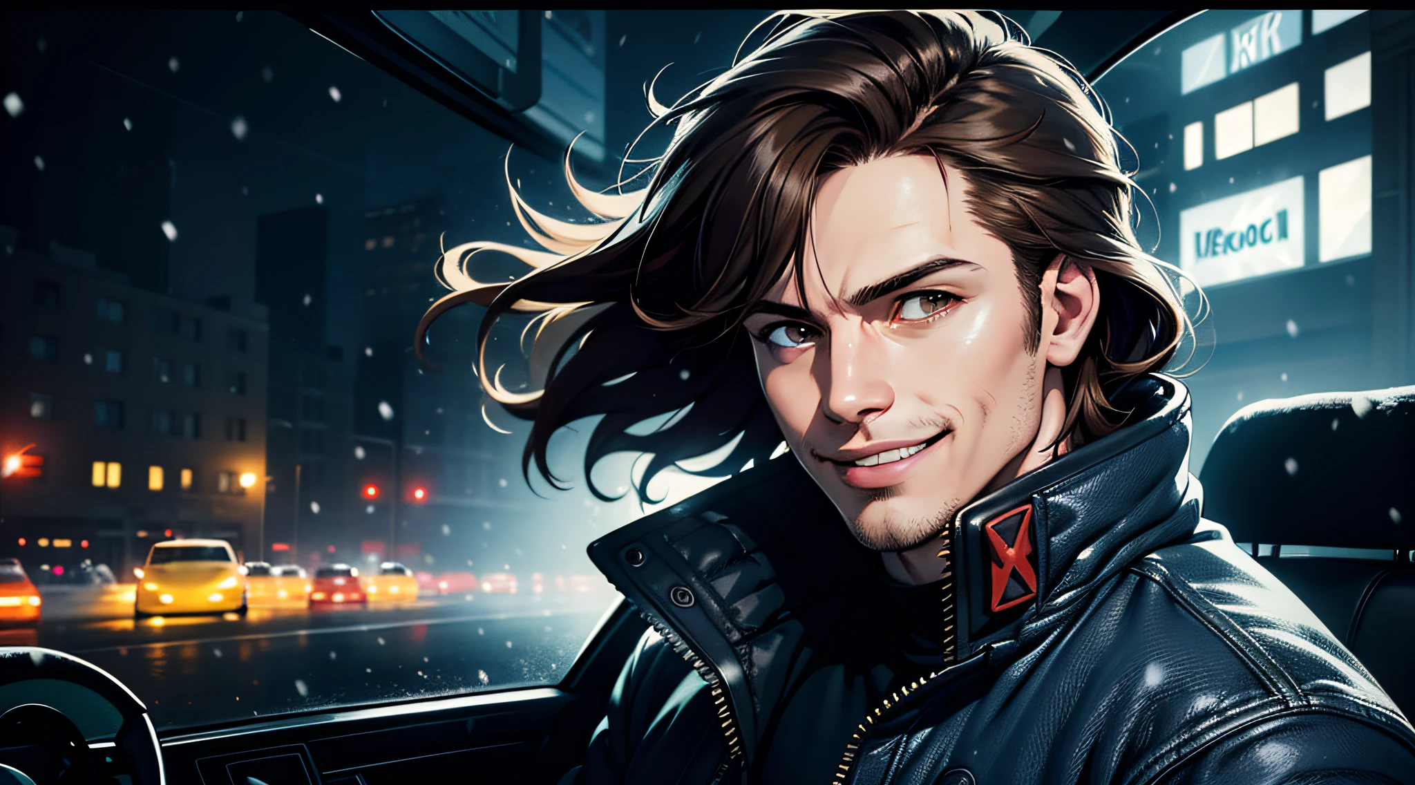 (((vector))), (Comics style), realistic, photorealistic, cinematic, cinematic lights, dark colors, volumetric lights, reflections, dramatic, ultra detailed, modern, ((masterpiece)), ((focus on face)), background embassado, faint colors, beautiful, man, solo, brown eyes, big hair, brown hair, hair in the wind, light marks of age, (((inside the car))), detailed, well done, (((smiling))) winter jacket, jeans, sad, nobody, sad, dark city, snowing, city with snow, few lights, fog, cold, tense, cold gloves, looking at screen, snow on body, puddles of water, blurred background, looking at screen.